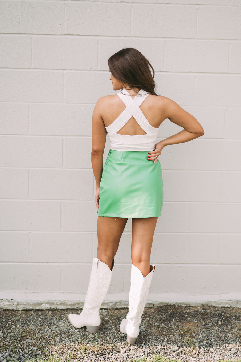 Side Slit Faux Leather Skirt- Green