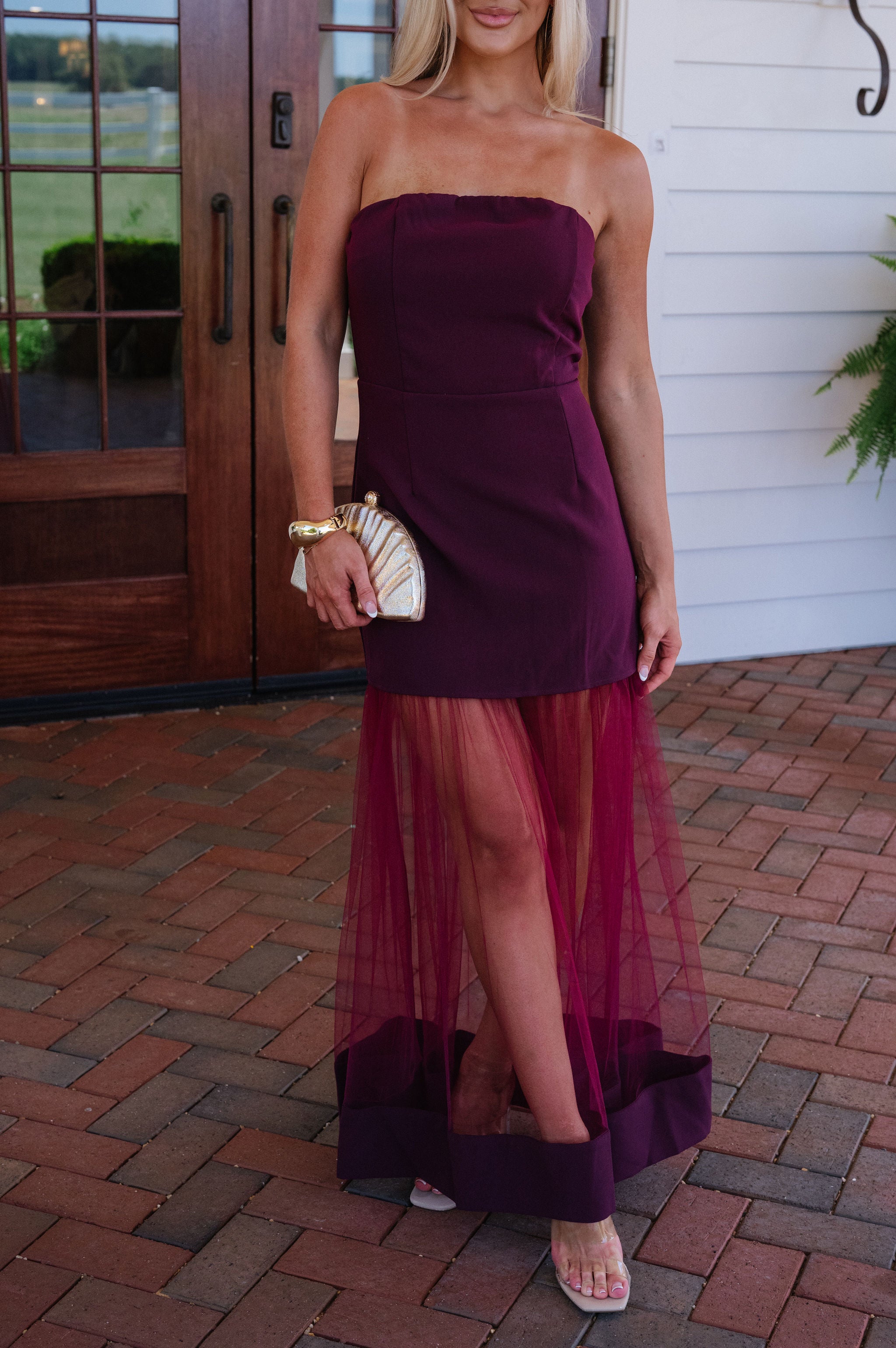 Tulle Skirt Panel Strapless Dress-Burgundy