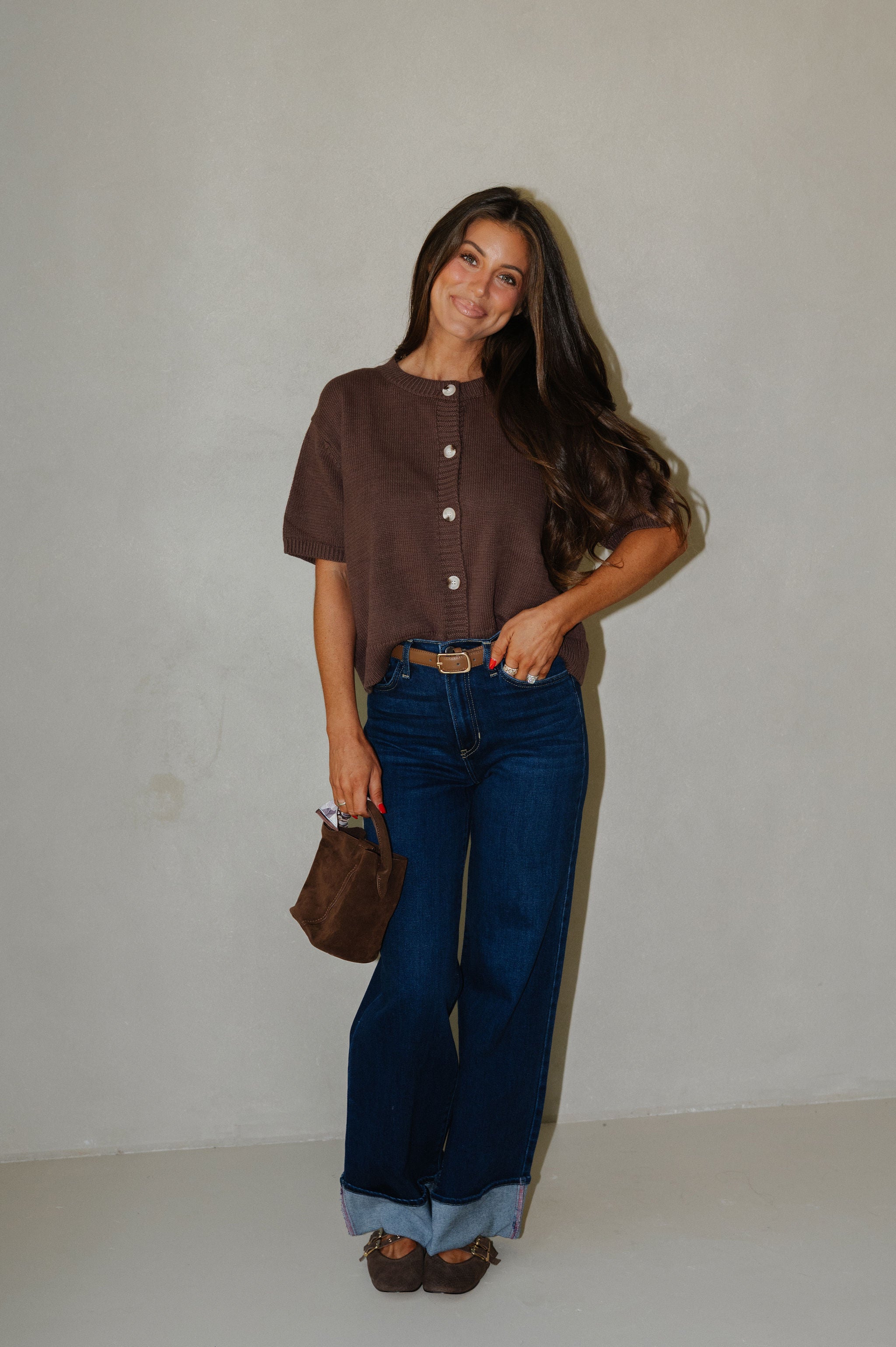 Short Sleeve Sweater Cardigan-Brown