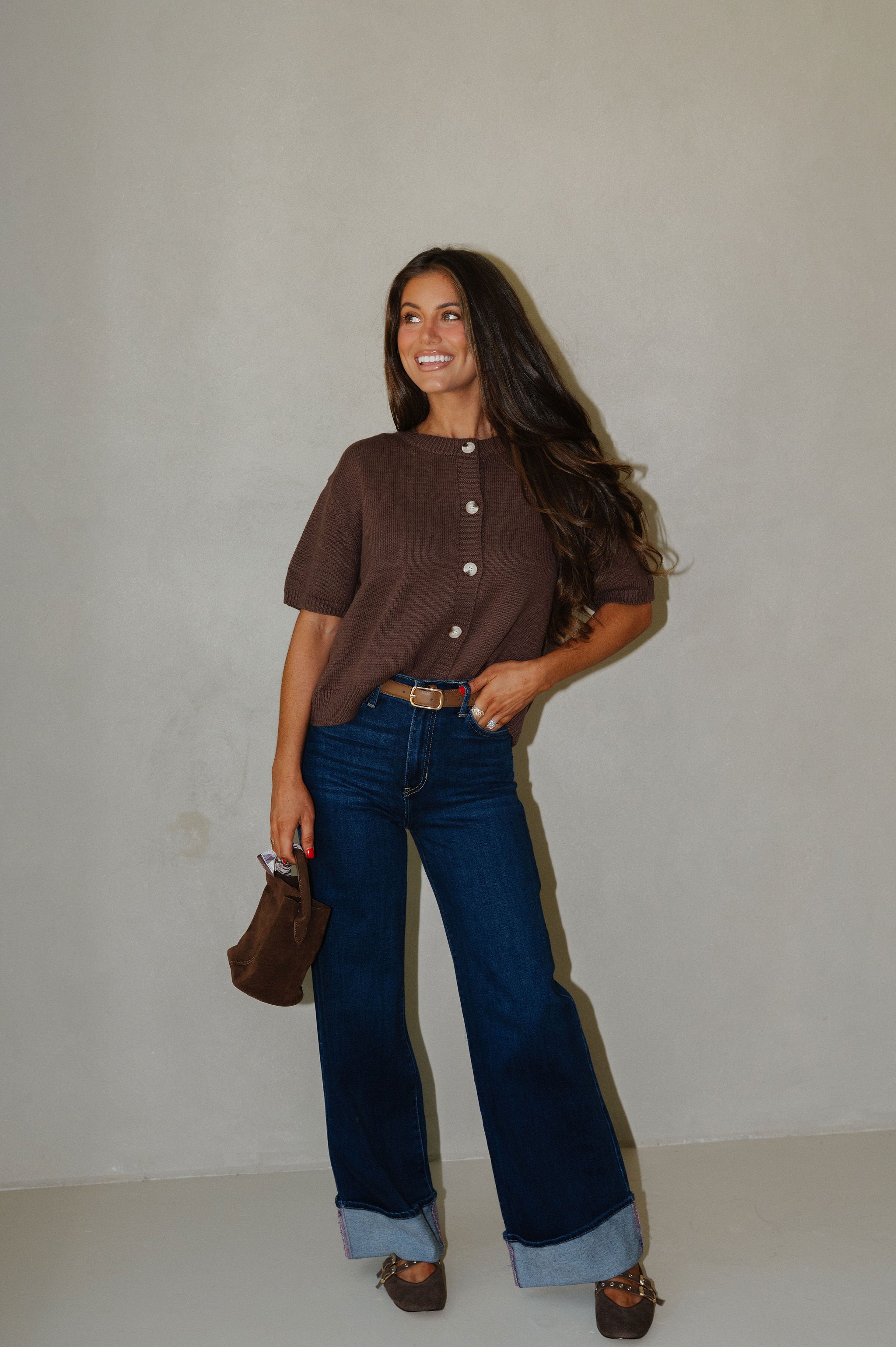 Short Sleeve Sweater Cardigan-Brown