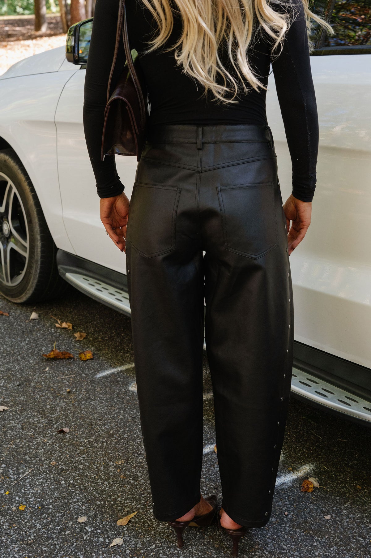 Studded Faux Leather Barrel Pants-Black
