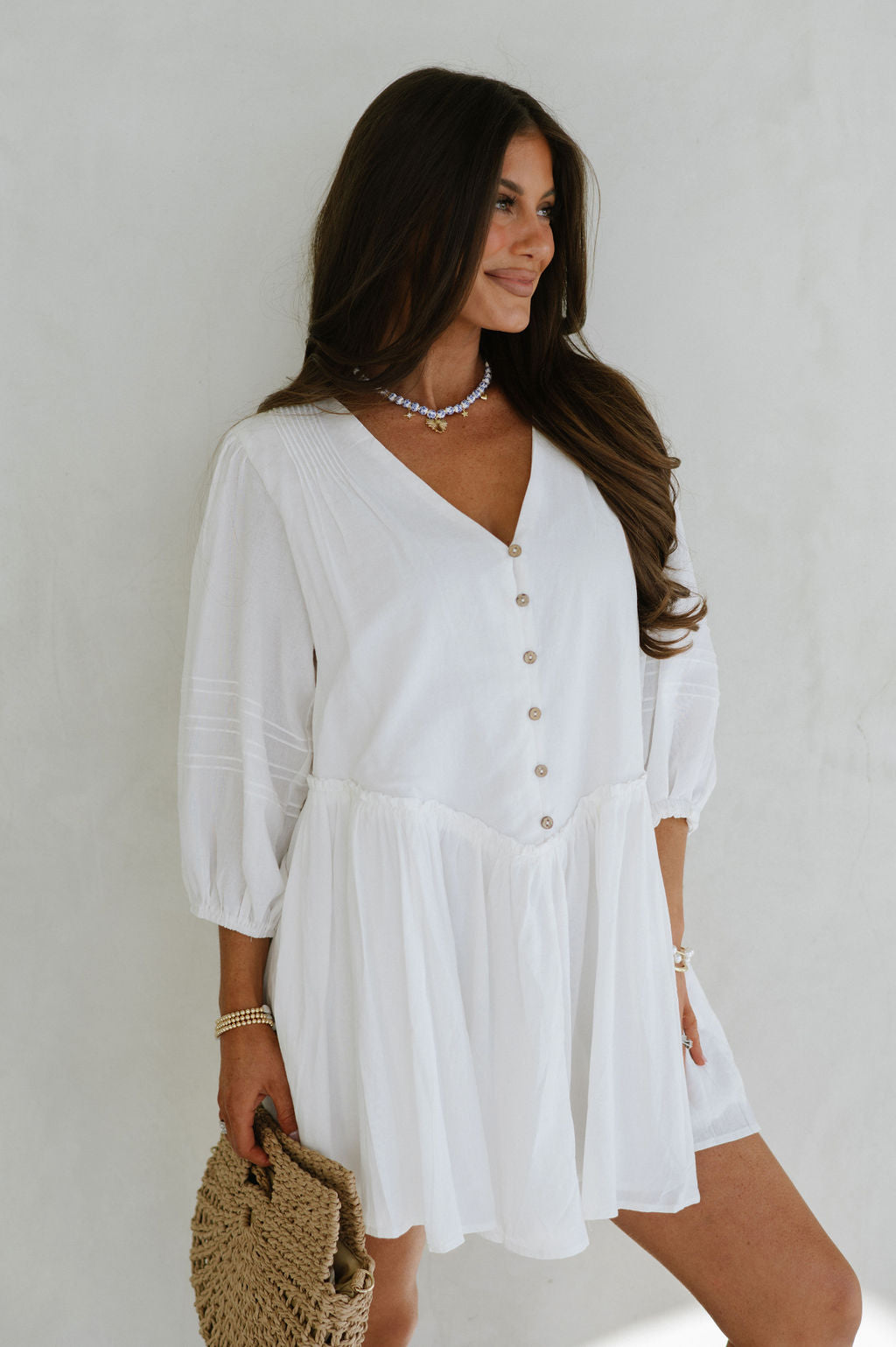 Pleated Shoulder Dress-White