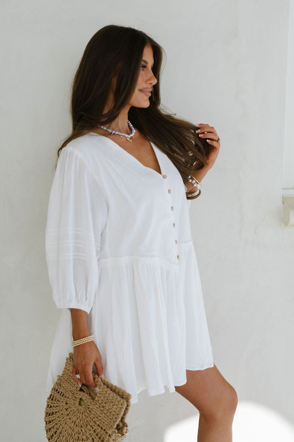 Pleated Shoulder Dress-White