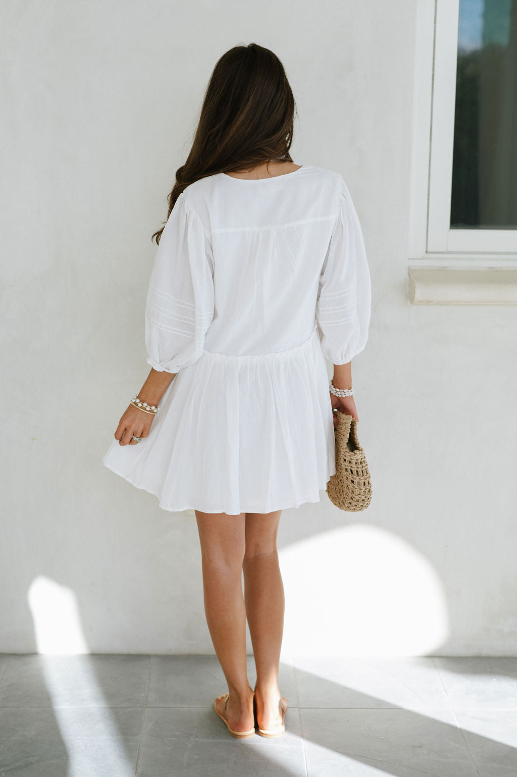 Pleated Shoulder Dress-White