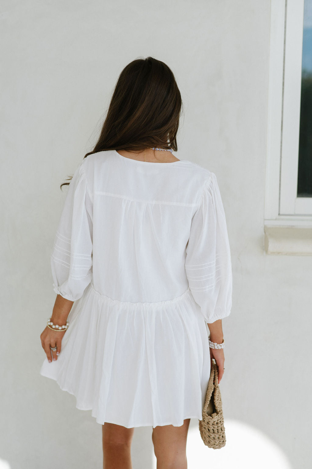 Pleated Shoulder Dress-White