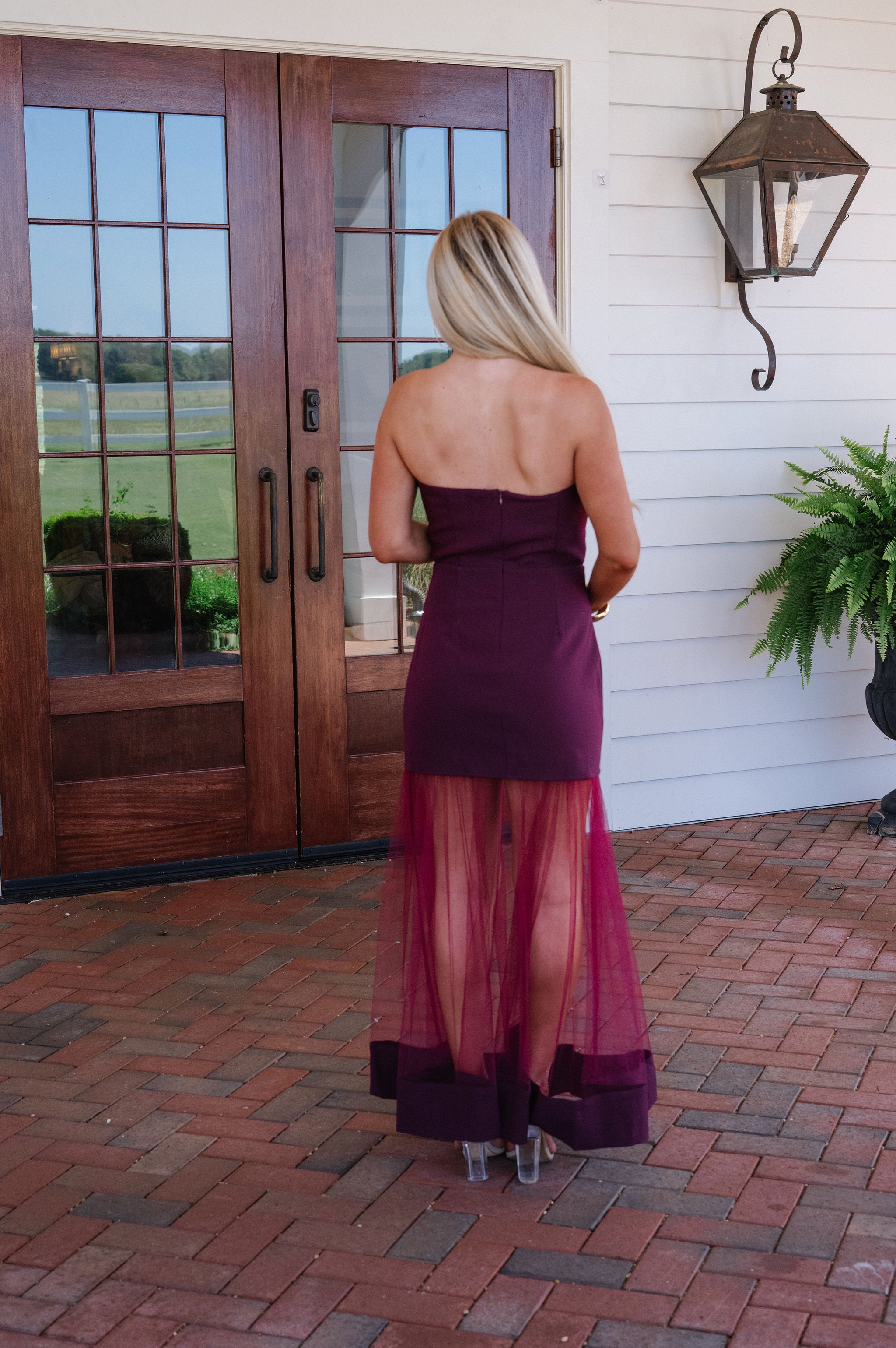 Tulle Skirt Panel Strapless Dress-Burgundy