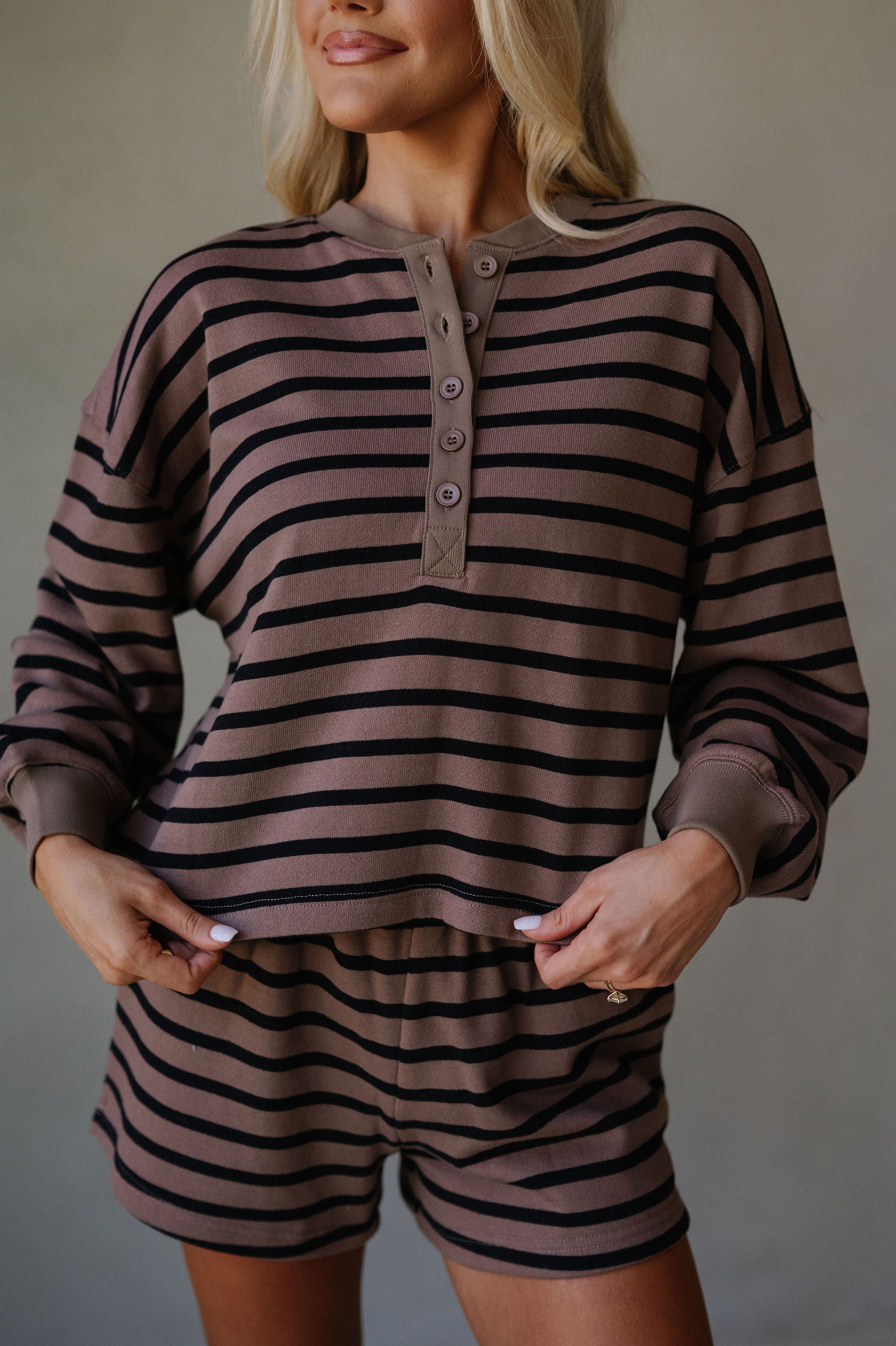 Striped Terry Shorts Set-Brown/Black
