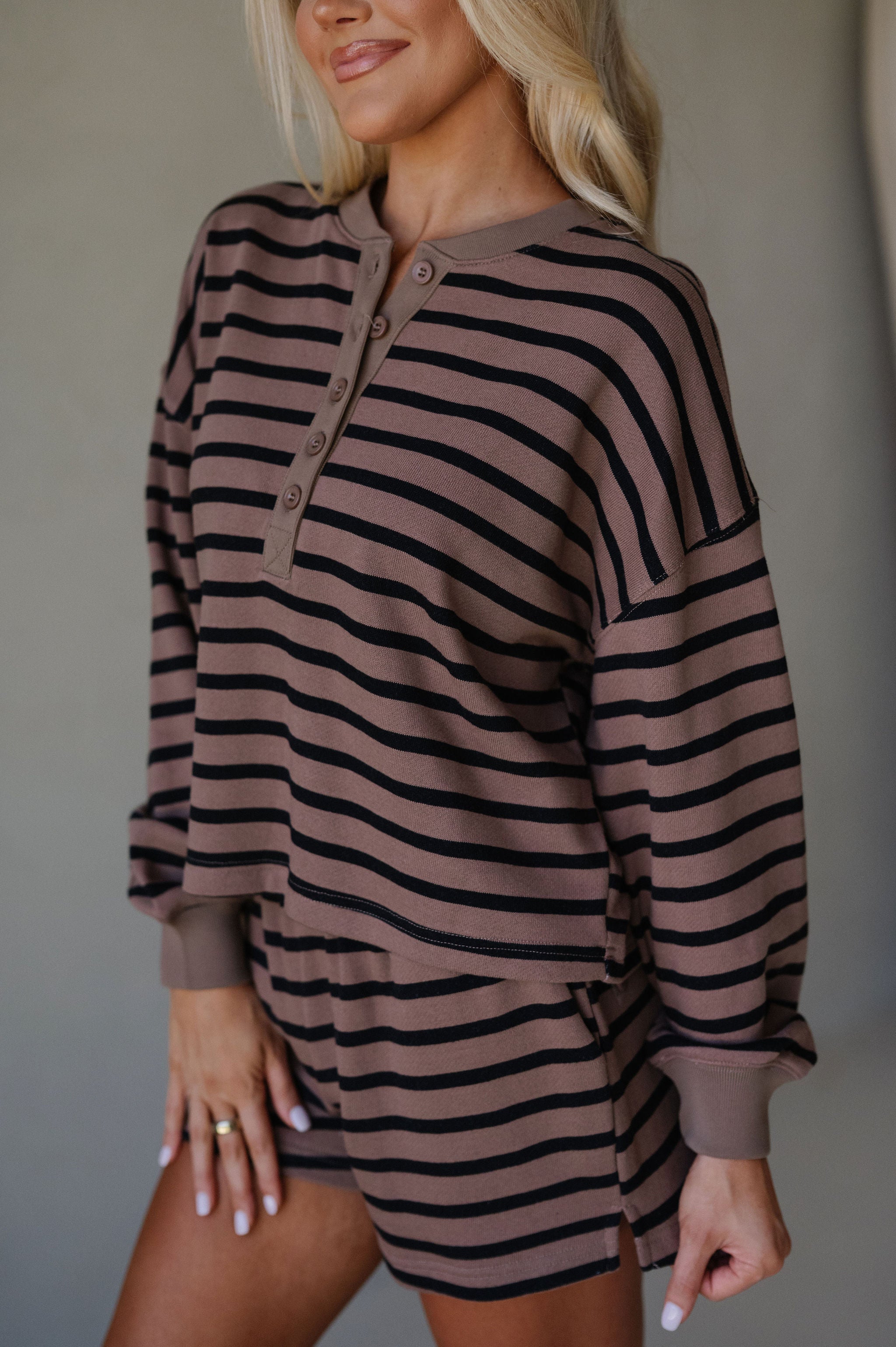 Striped Terry Shorts Set-Brown/Black