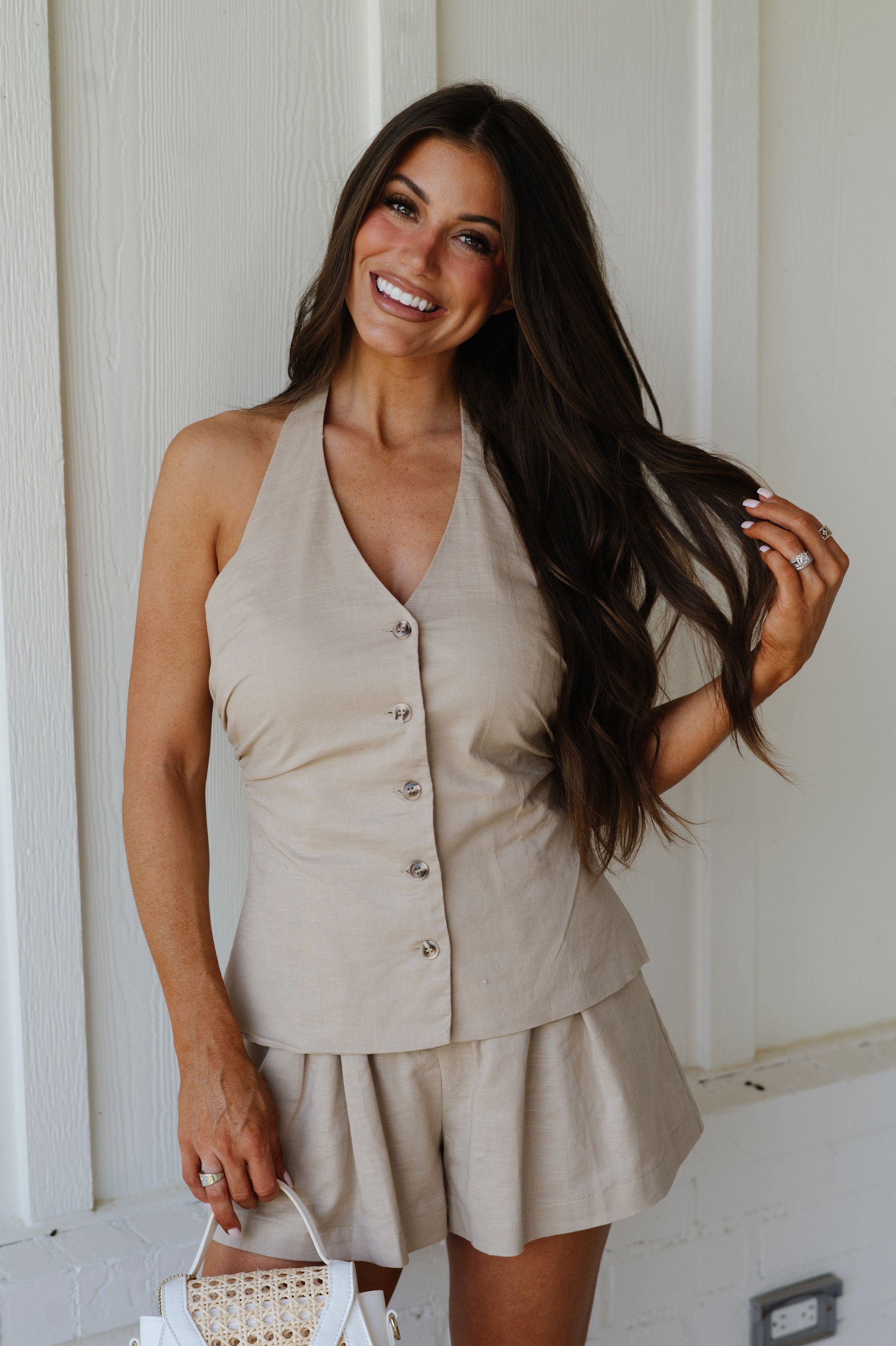 Halter V Neck Vest Romper-Light Taupe