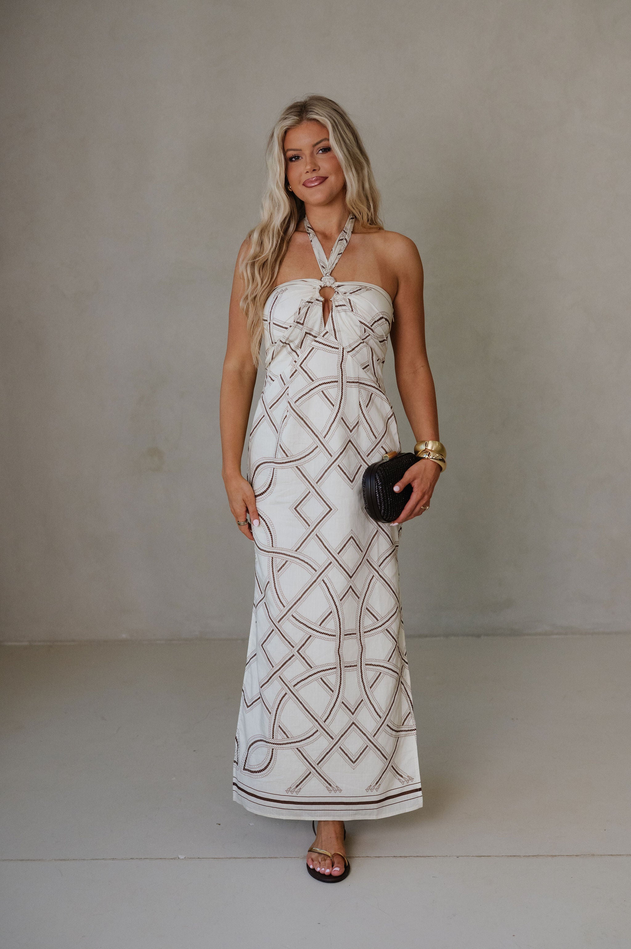 Printed Halter Neck Maxi Dress-Cream