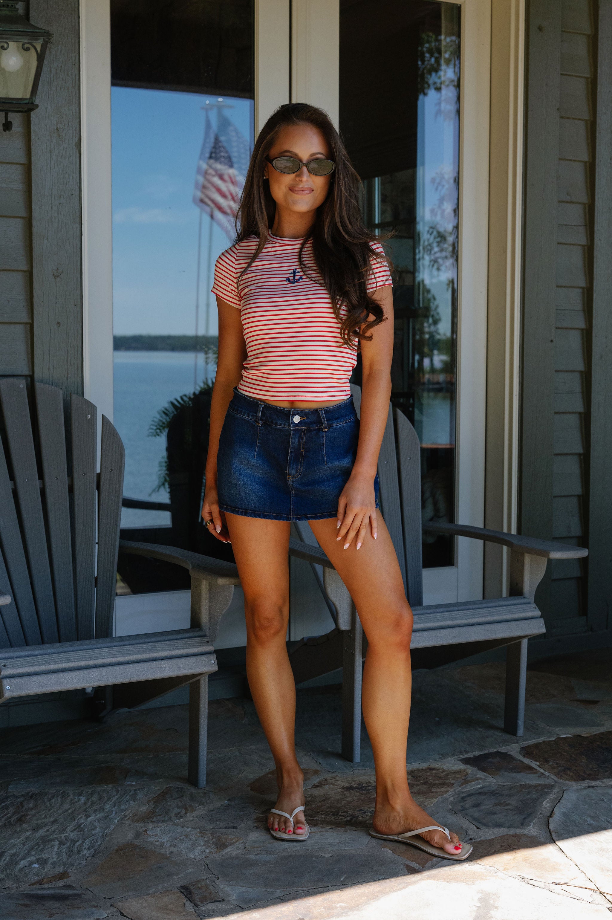 Pamela Striped Anchor Beaded Tee-Red/Cream