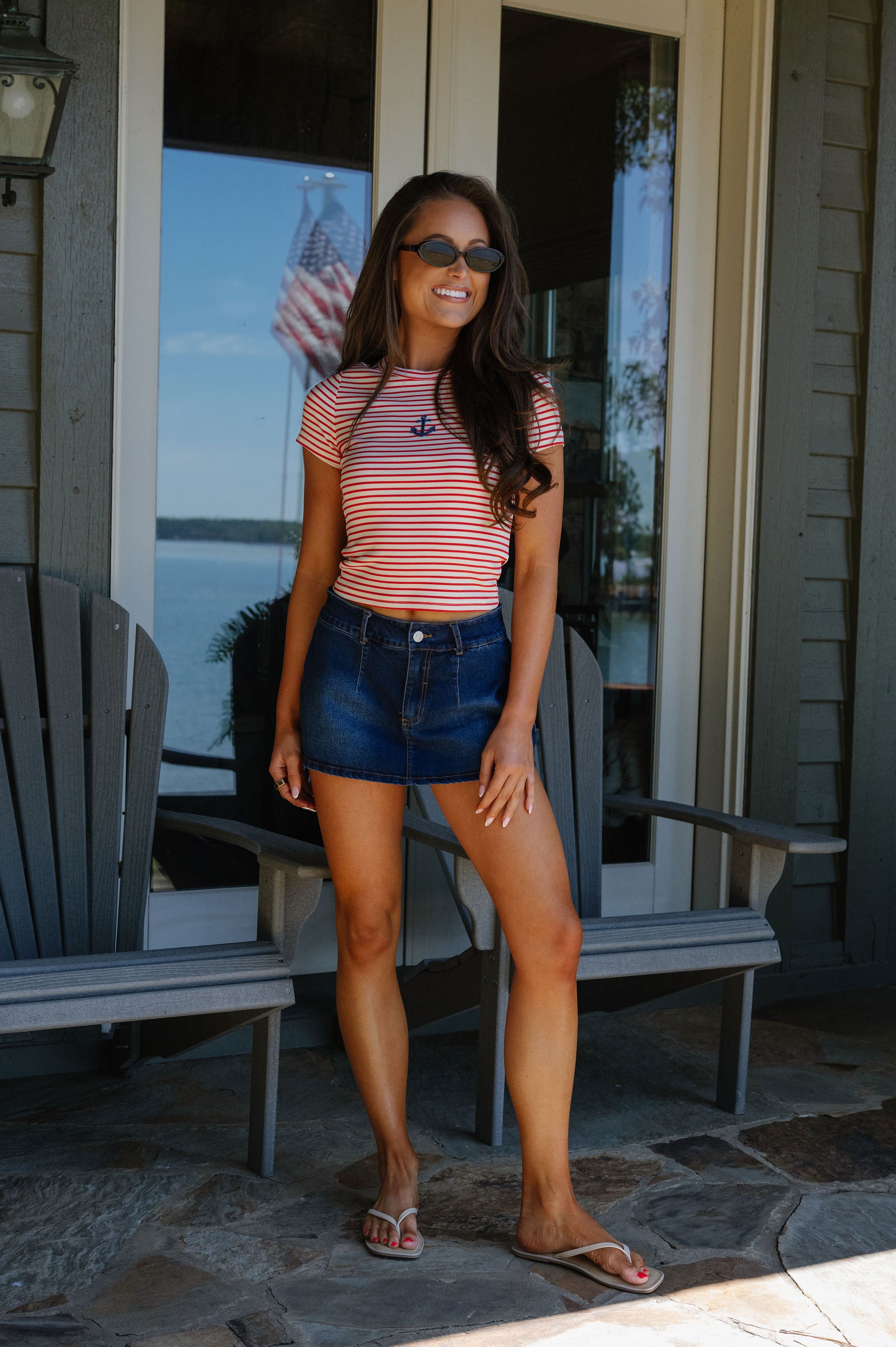 Pamela Striped Anchor Beaded Tee-Red/Cream