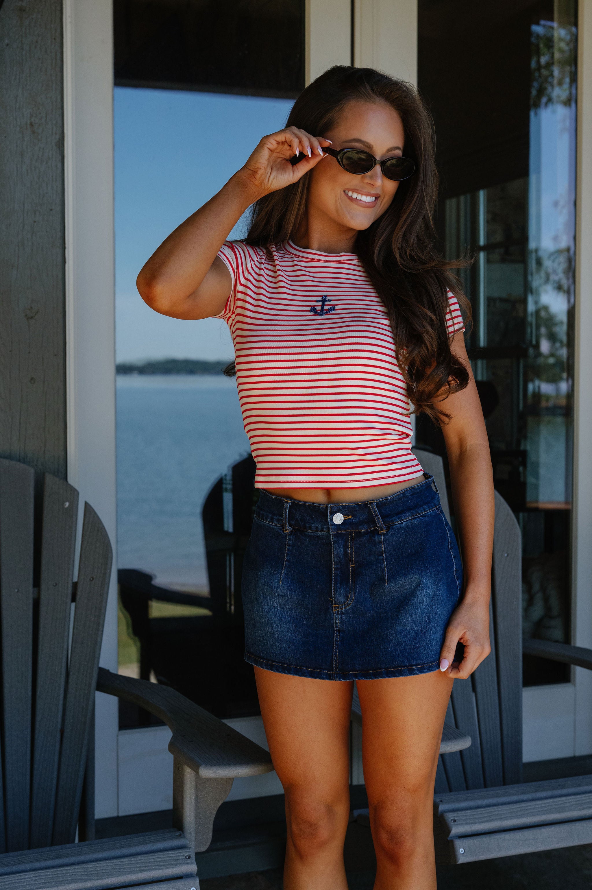 Pamela Striped Anchor Beaded Tee-Red/Cream