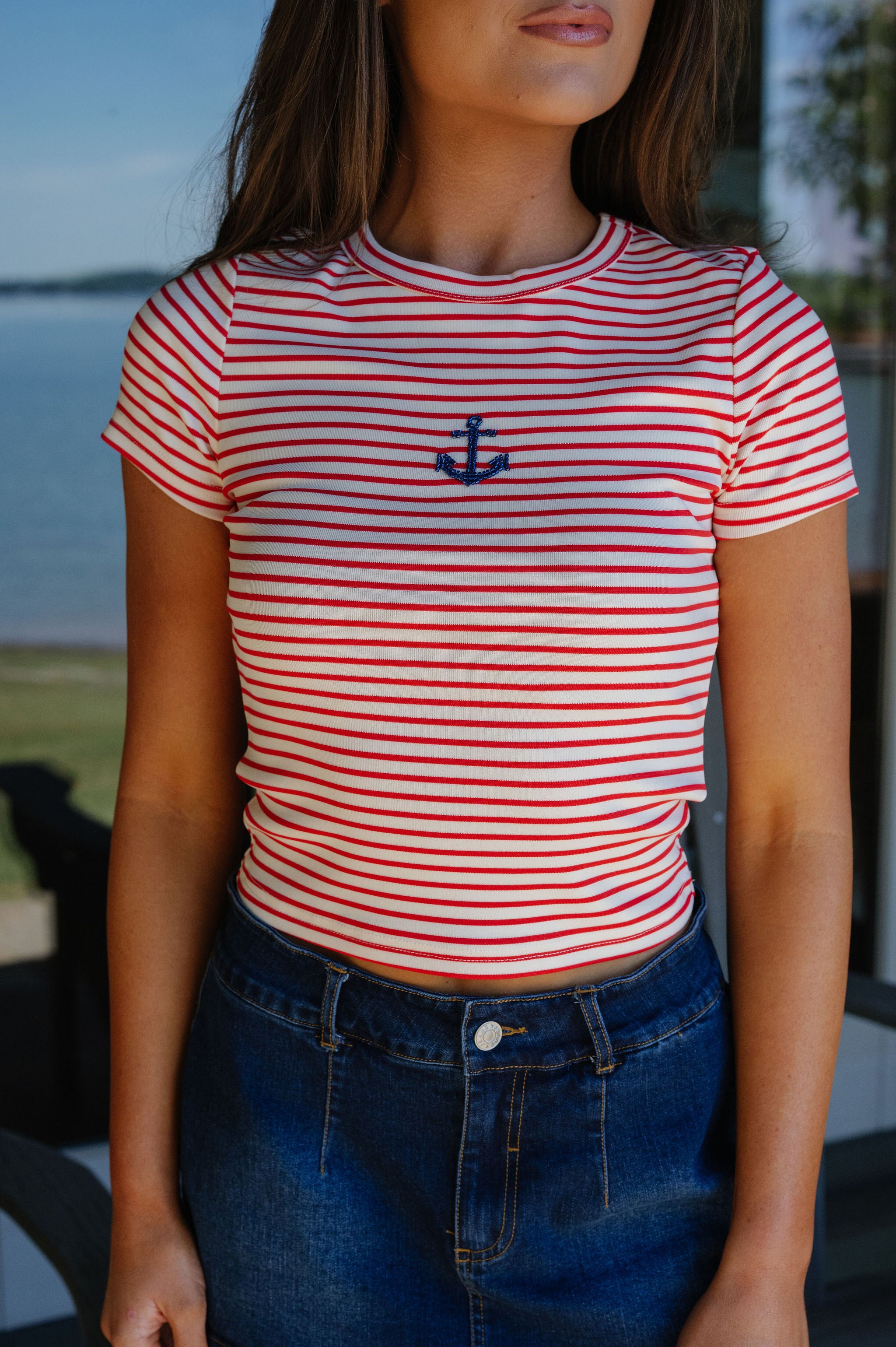 Pamela Striped Anchor Beaded Tee-Red/Cream