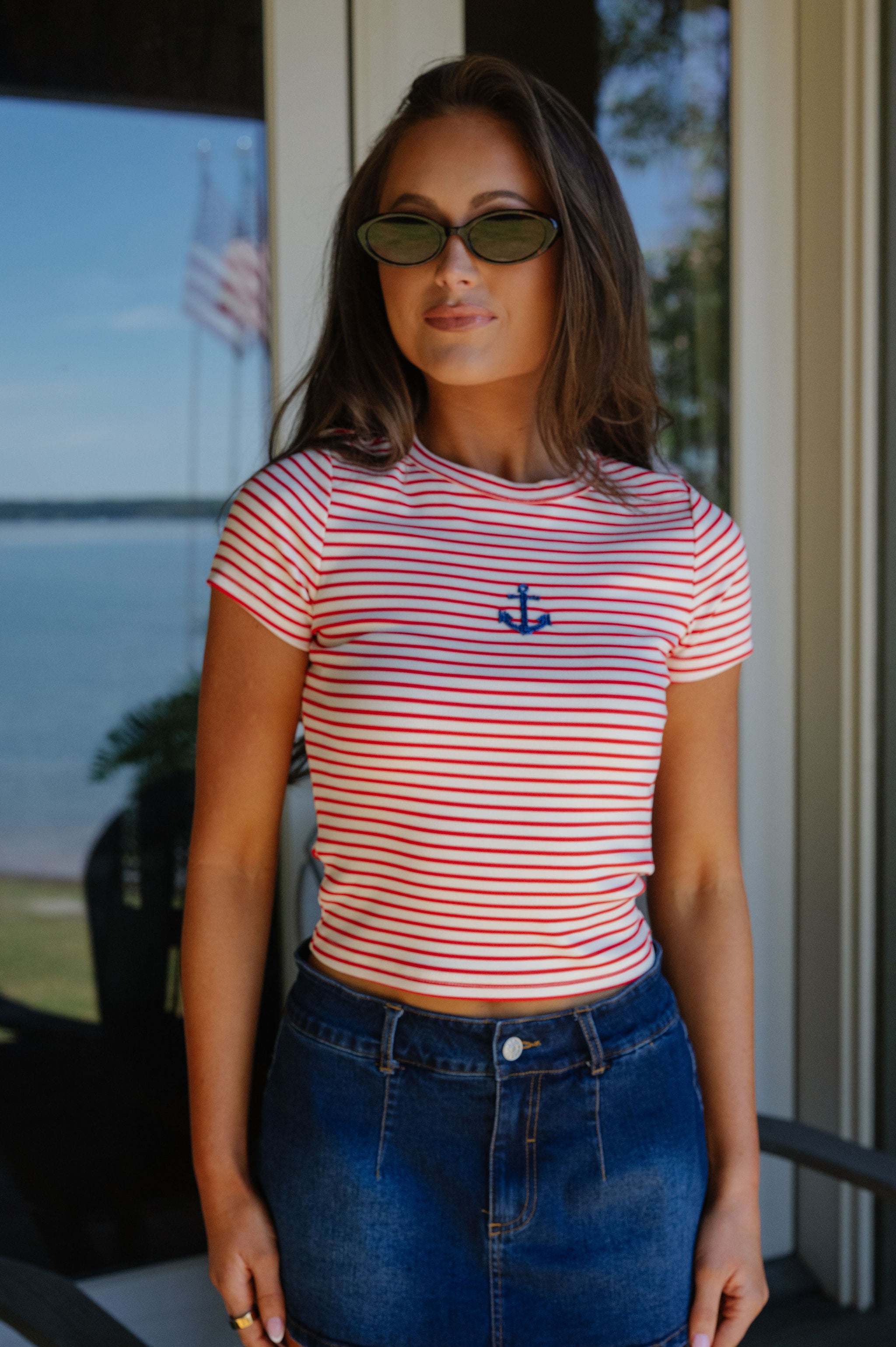 Pamela Striped Anchor Beaded Tee-Red/Cream