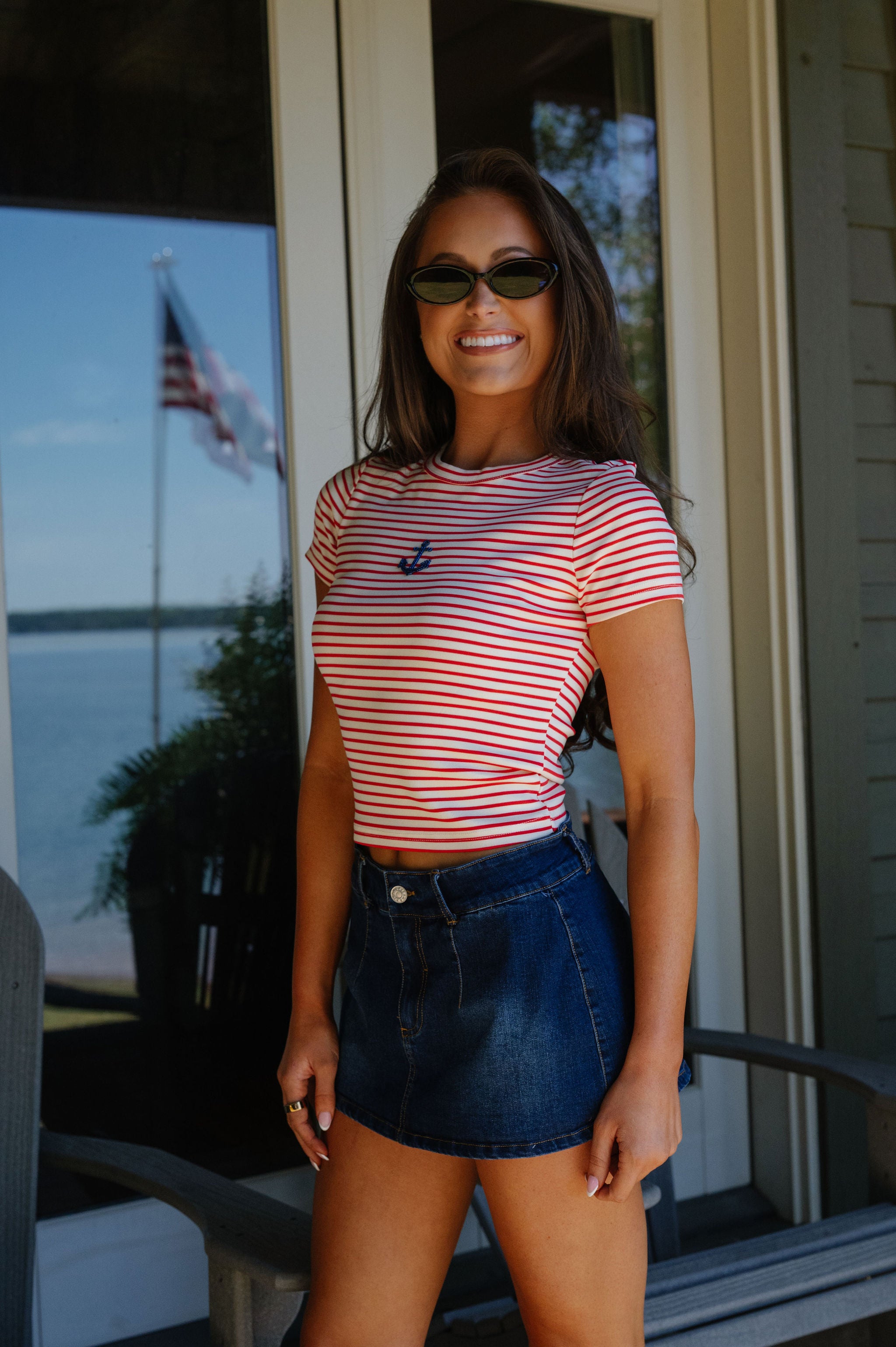 Pamela Striped Anchor Beaded Tee-Red/Cream