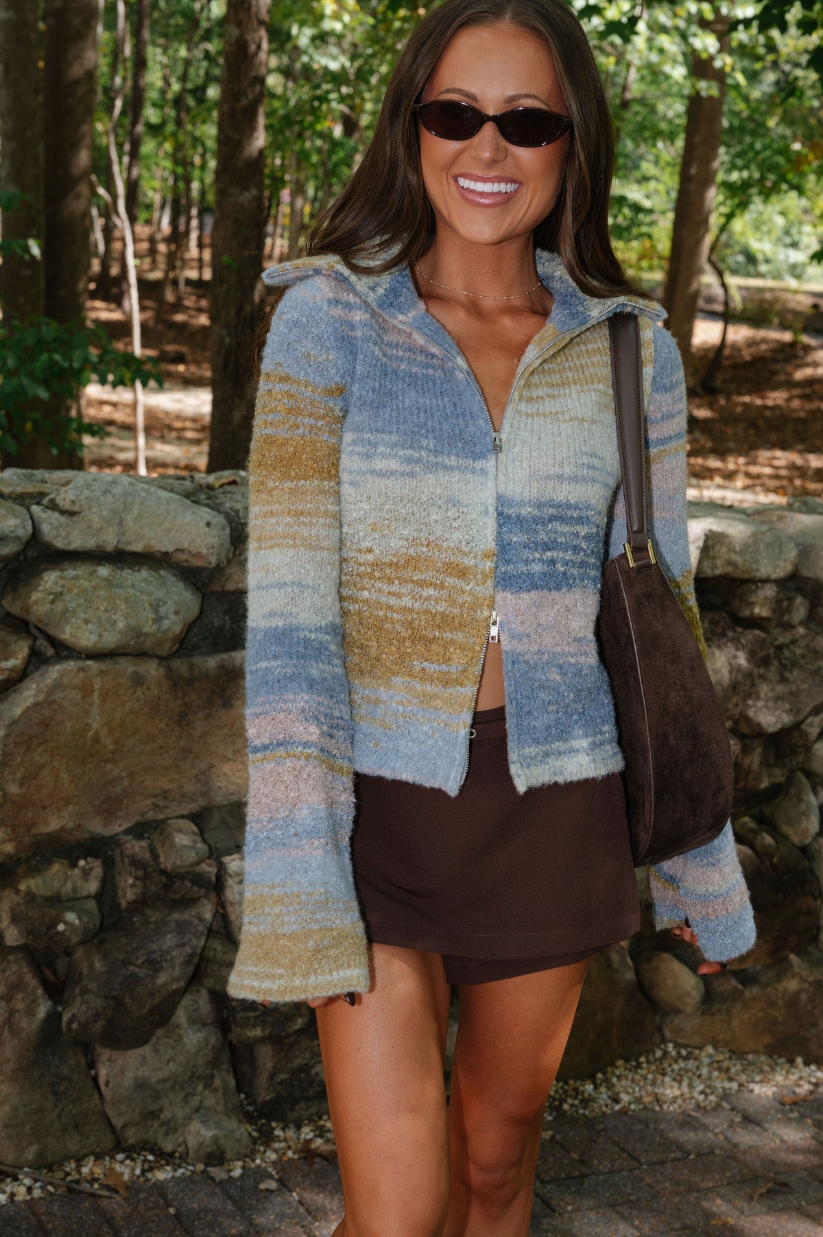 People Multi Zip Up Sweater-Blue Combo