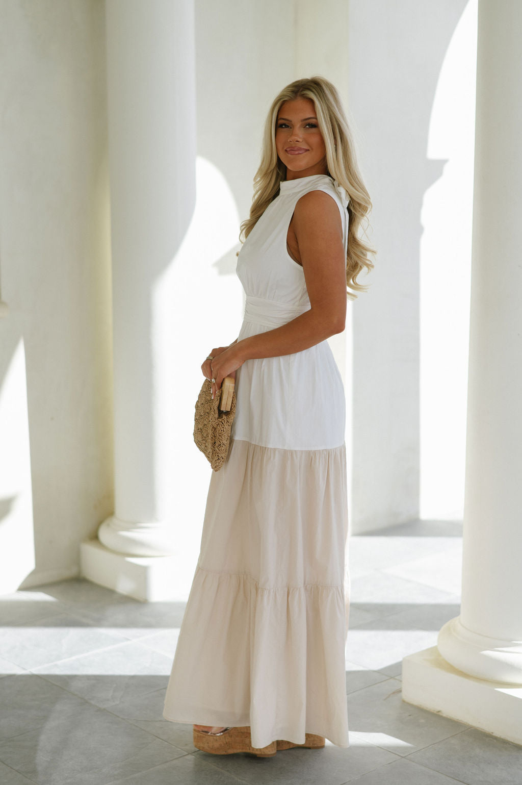 Riley Halter Maxi Dress-White/Taupe