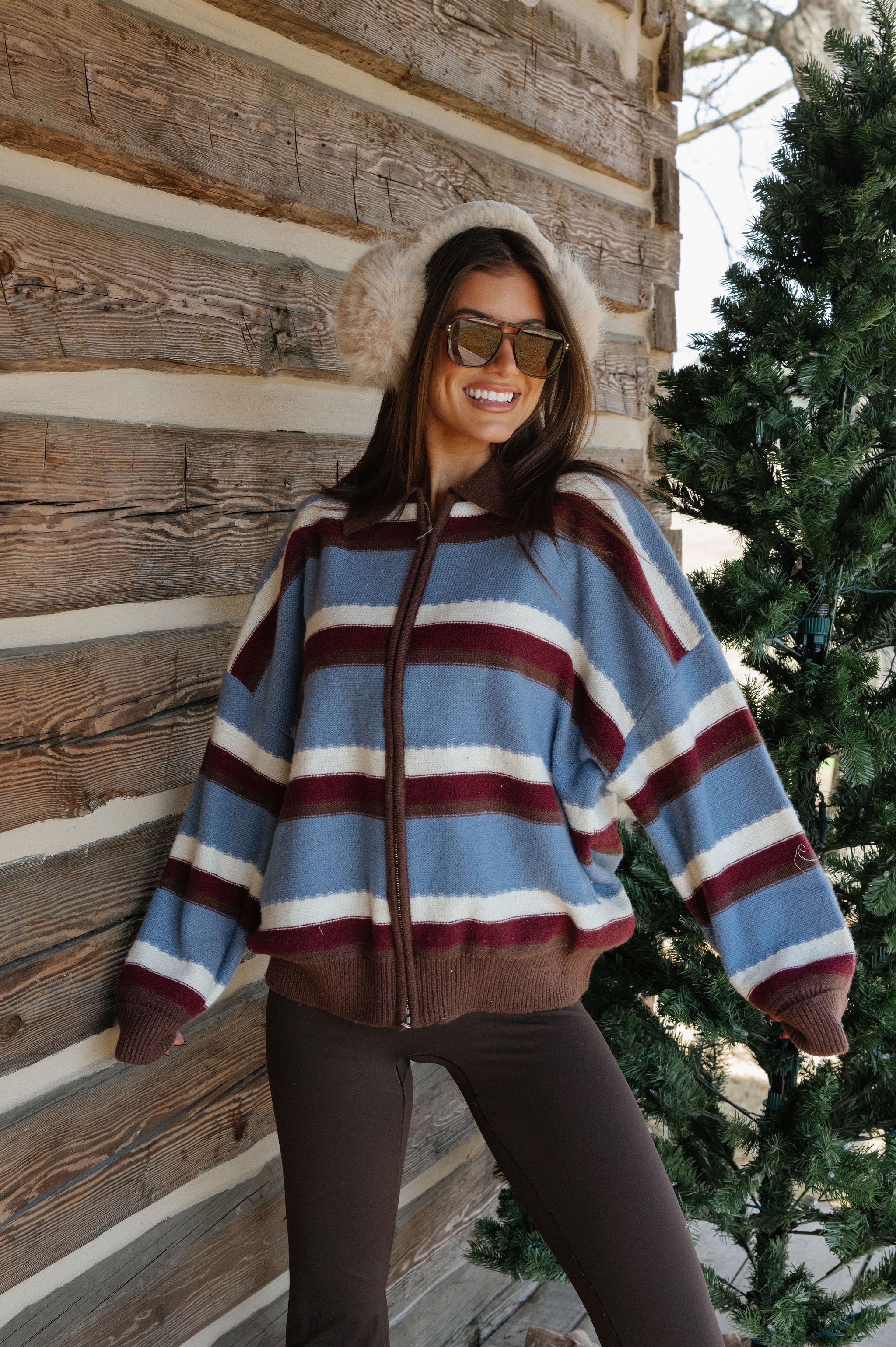 Zipper Front Collared Sweater-Blue Multi