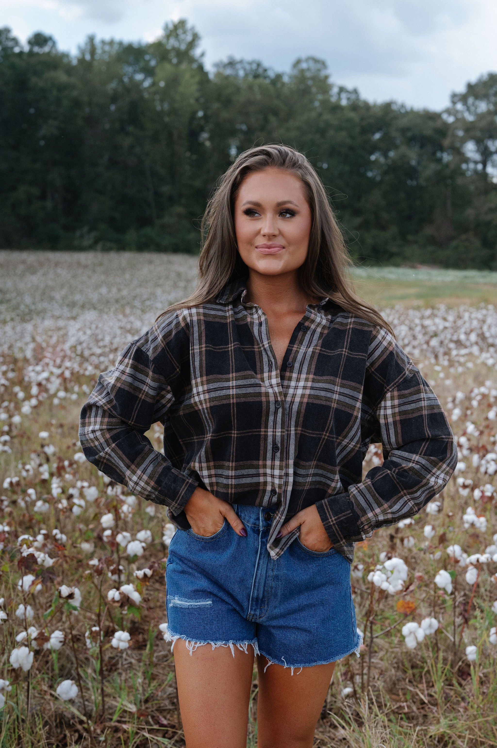 Percey Plaid Button Down Top-Black