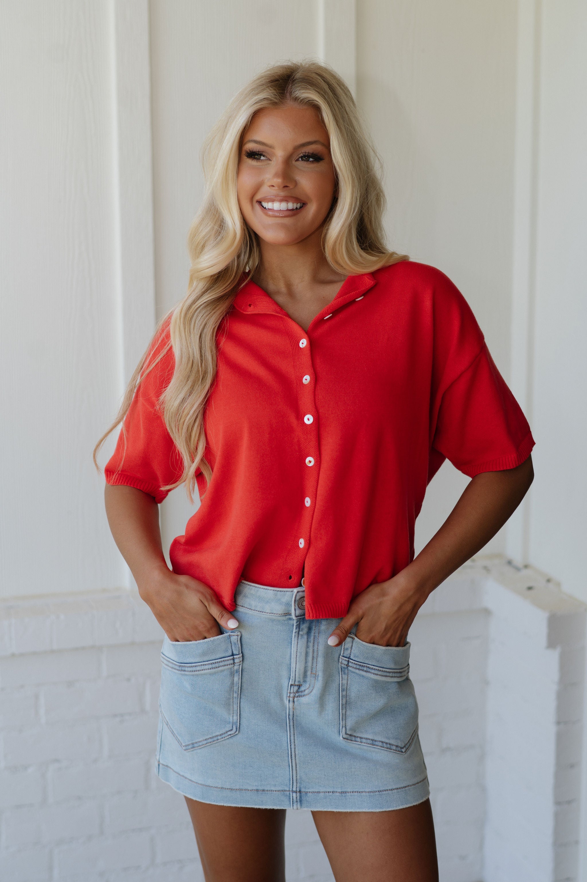 Button Down Knit Top-Red