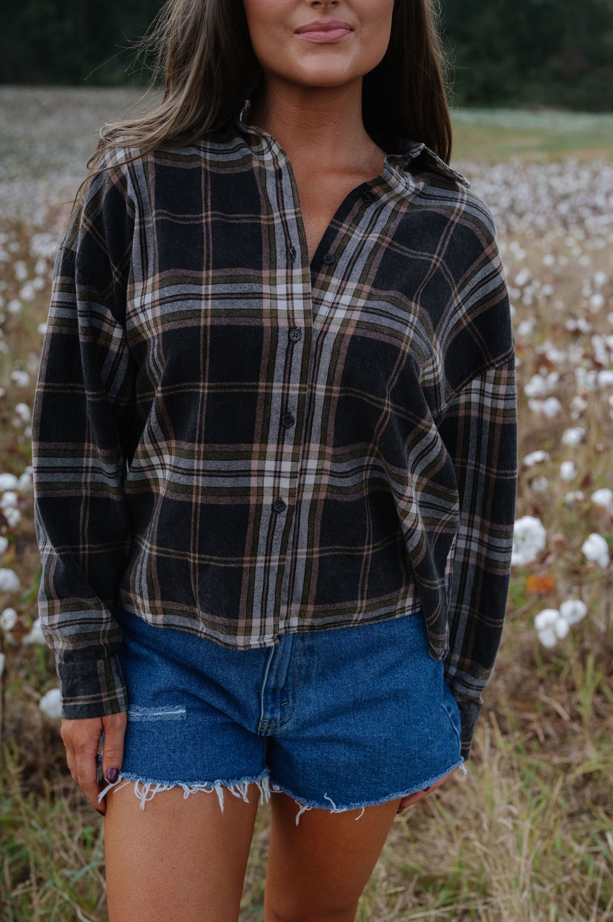 Percey Plaid Button Down Top-Black