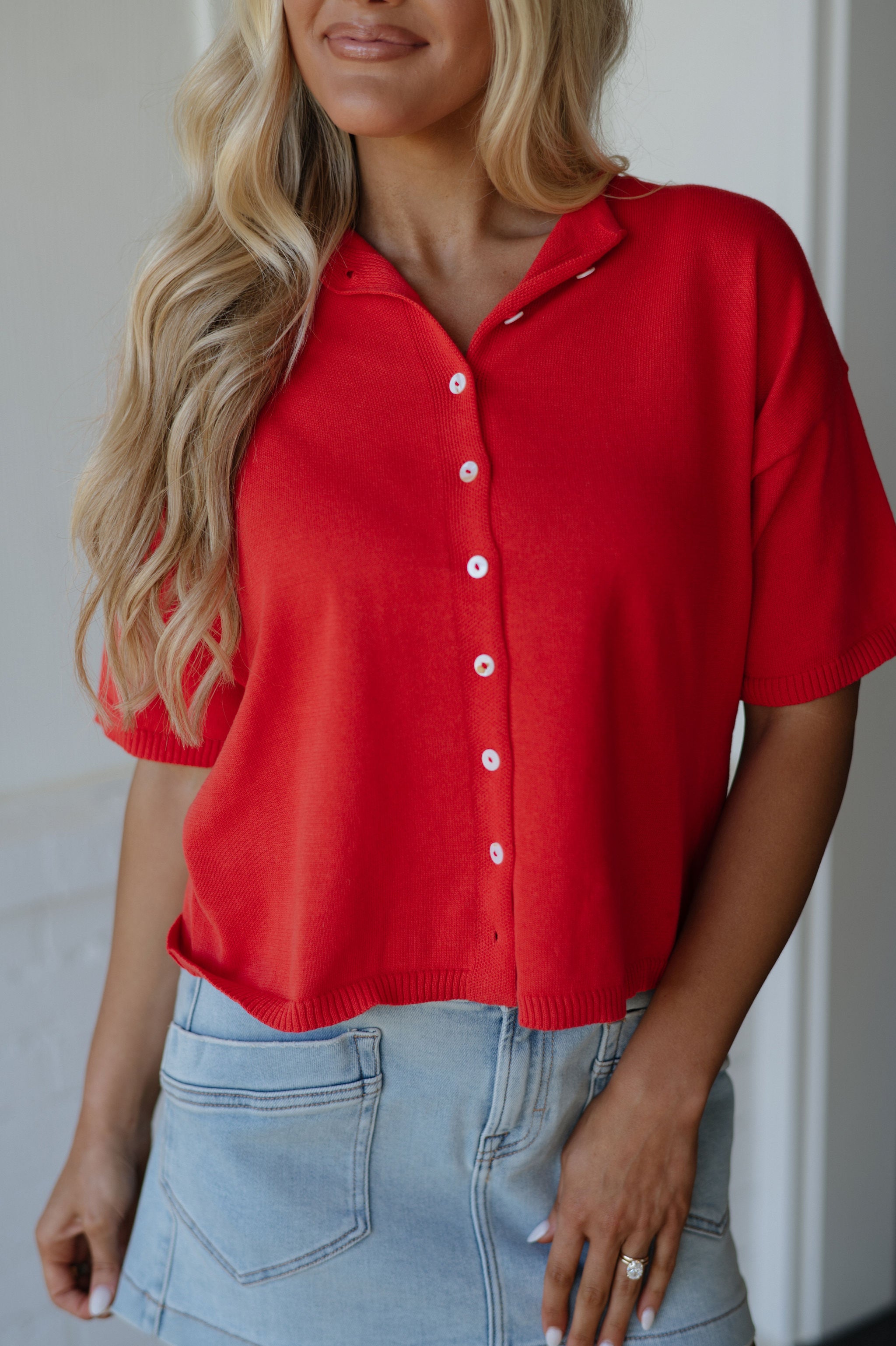 Button Down Knit Top-Red