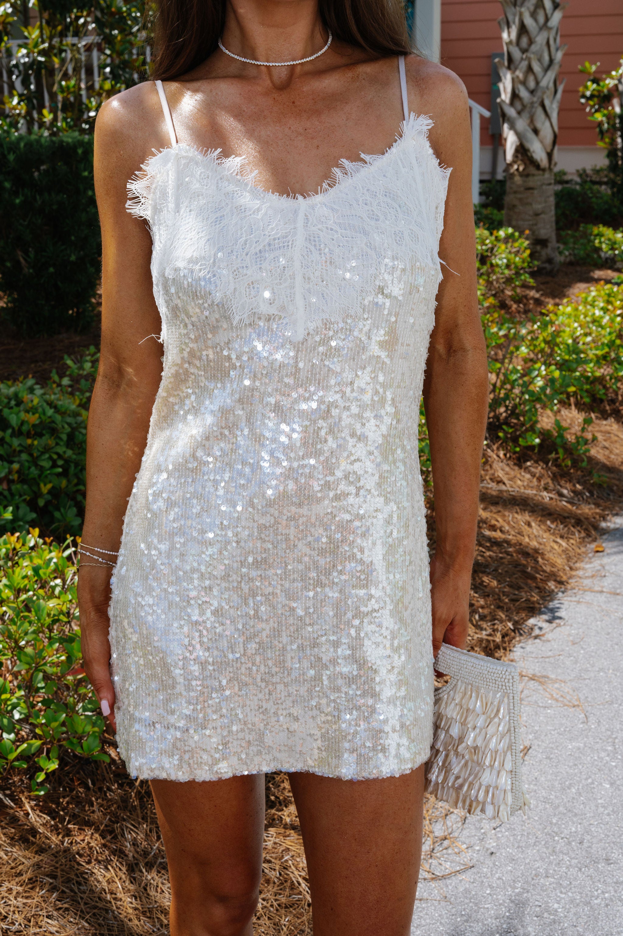 Benny Sequin Lace Mini Dress-Cream