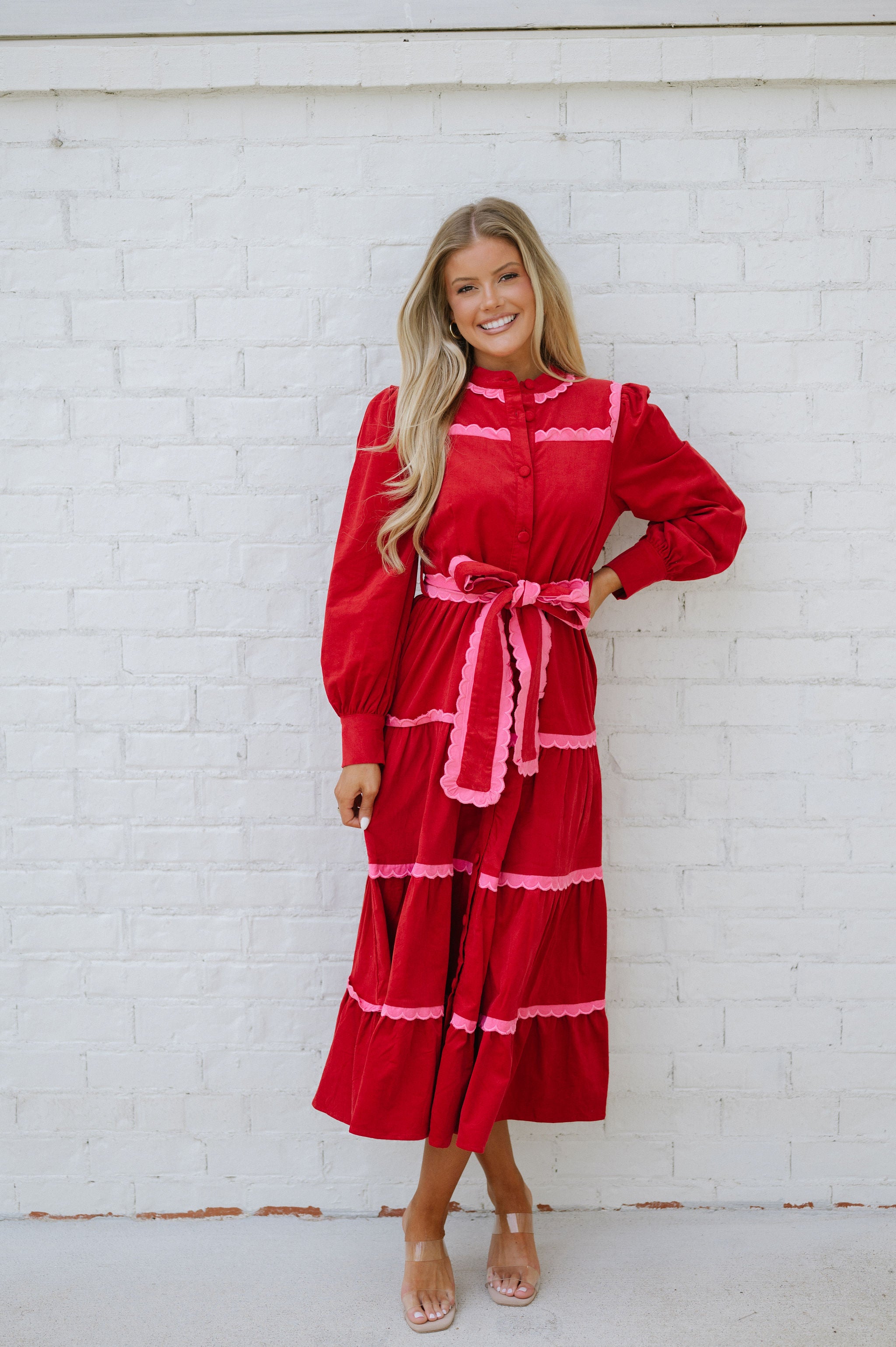 Tiered Scalloped Long Sleeve Midi Dress-Red