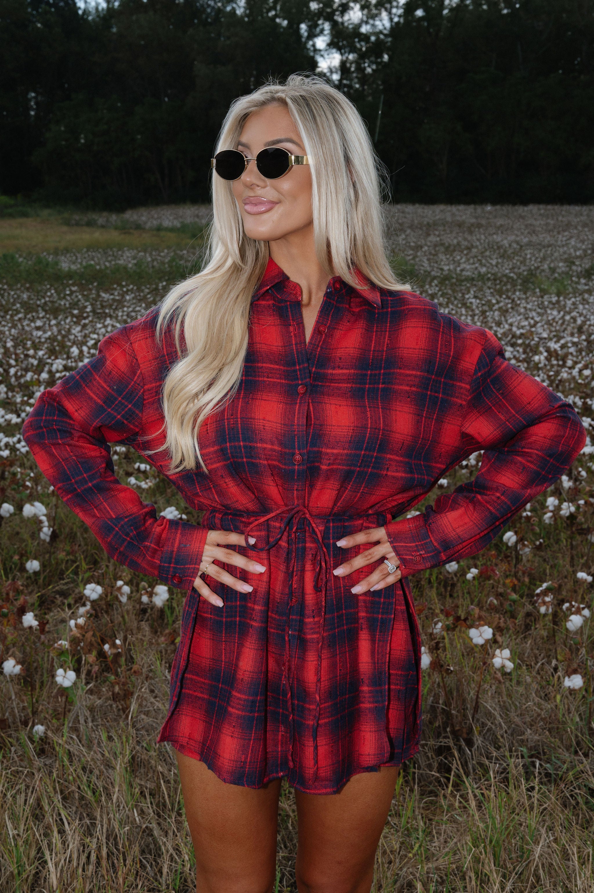 Distressed Plaid Flannel Belted Shirt Romper-Cherry