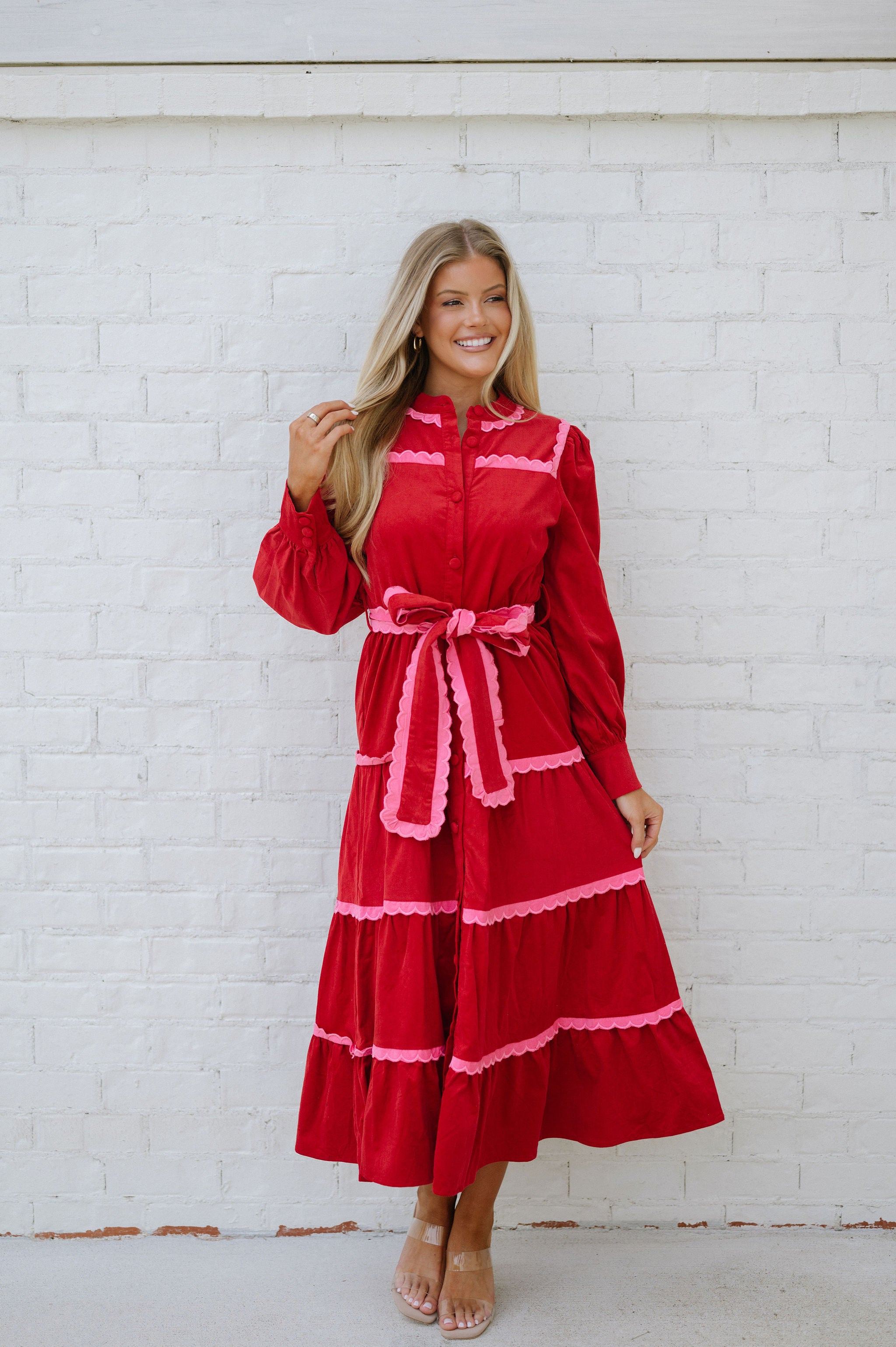 Tiered Scalloped Long Sleeve Midi Dress-Red