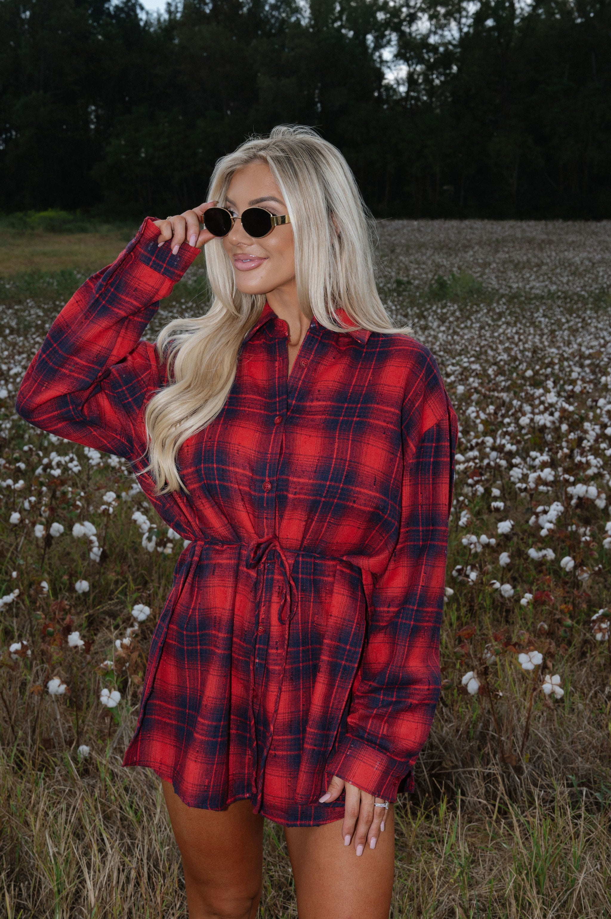 Distressed Plaid Flannel Belted Shirt Romper-Cherry