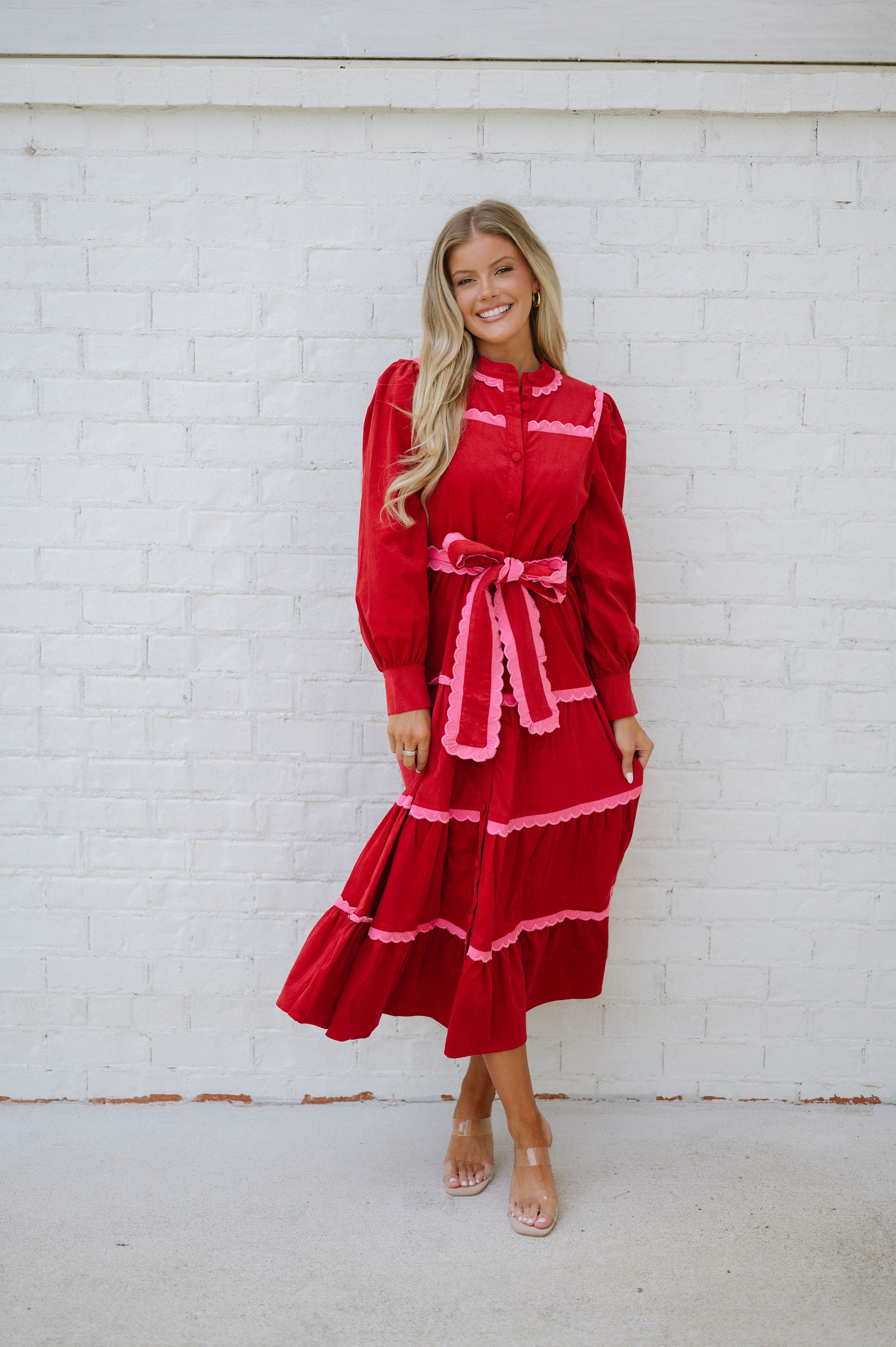 Tiered Scalloped Long Sleeve Midi Dress-Red