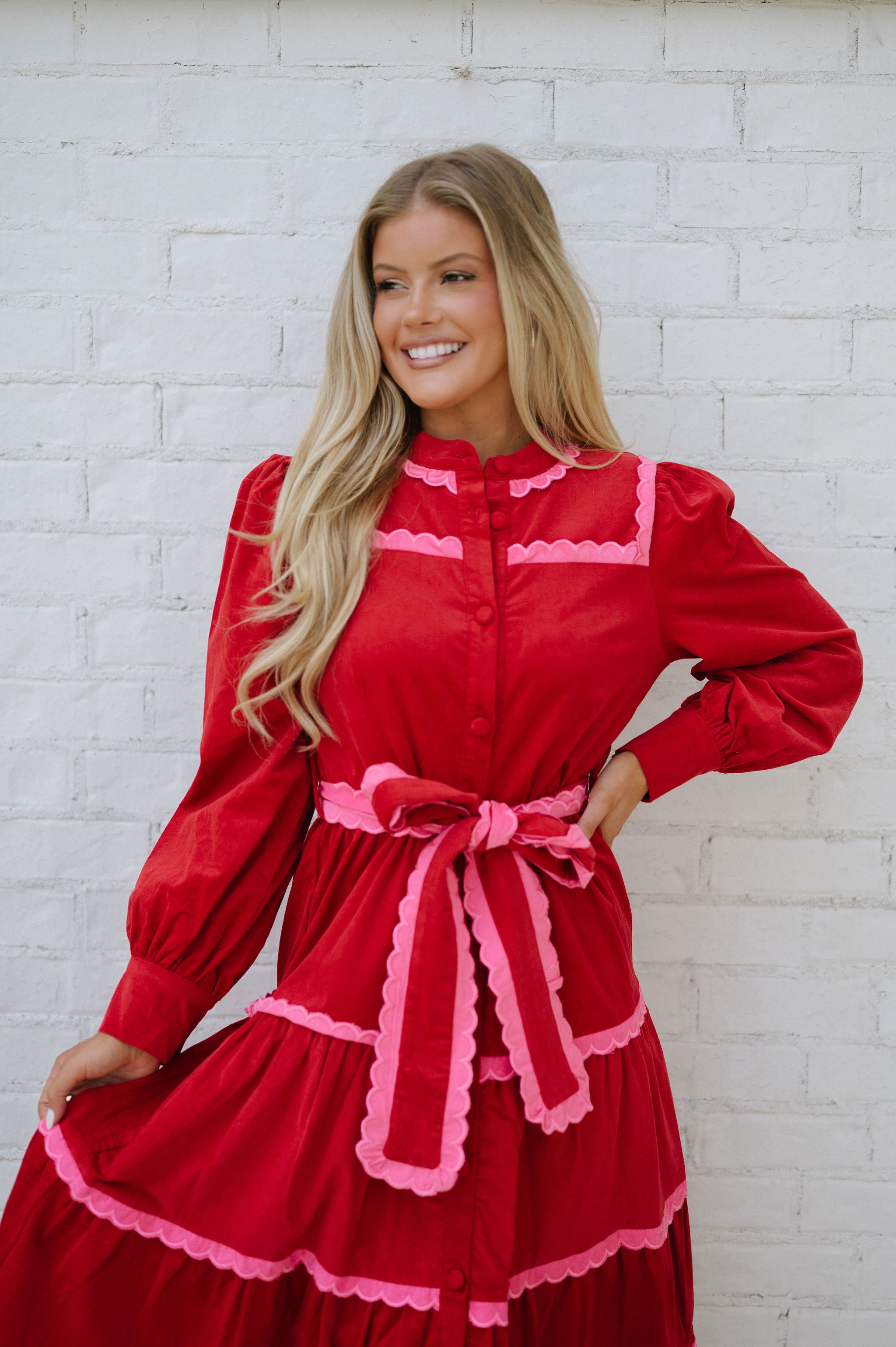 Tiered Scalloped Long Sleeve Midi Dress-Red