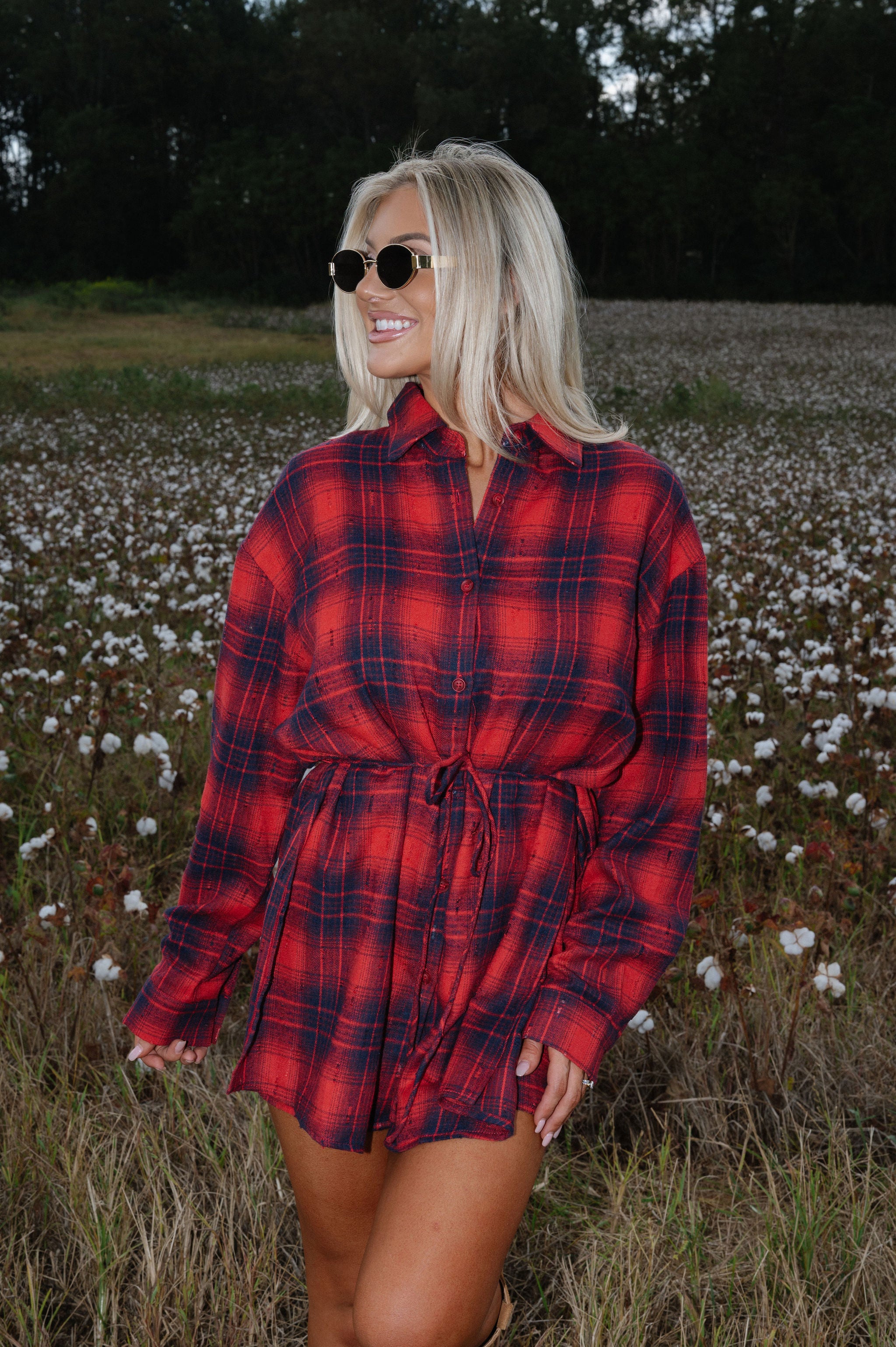 Distressed Plaid Flannel Belted Shirt Romper-Cherry