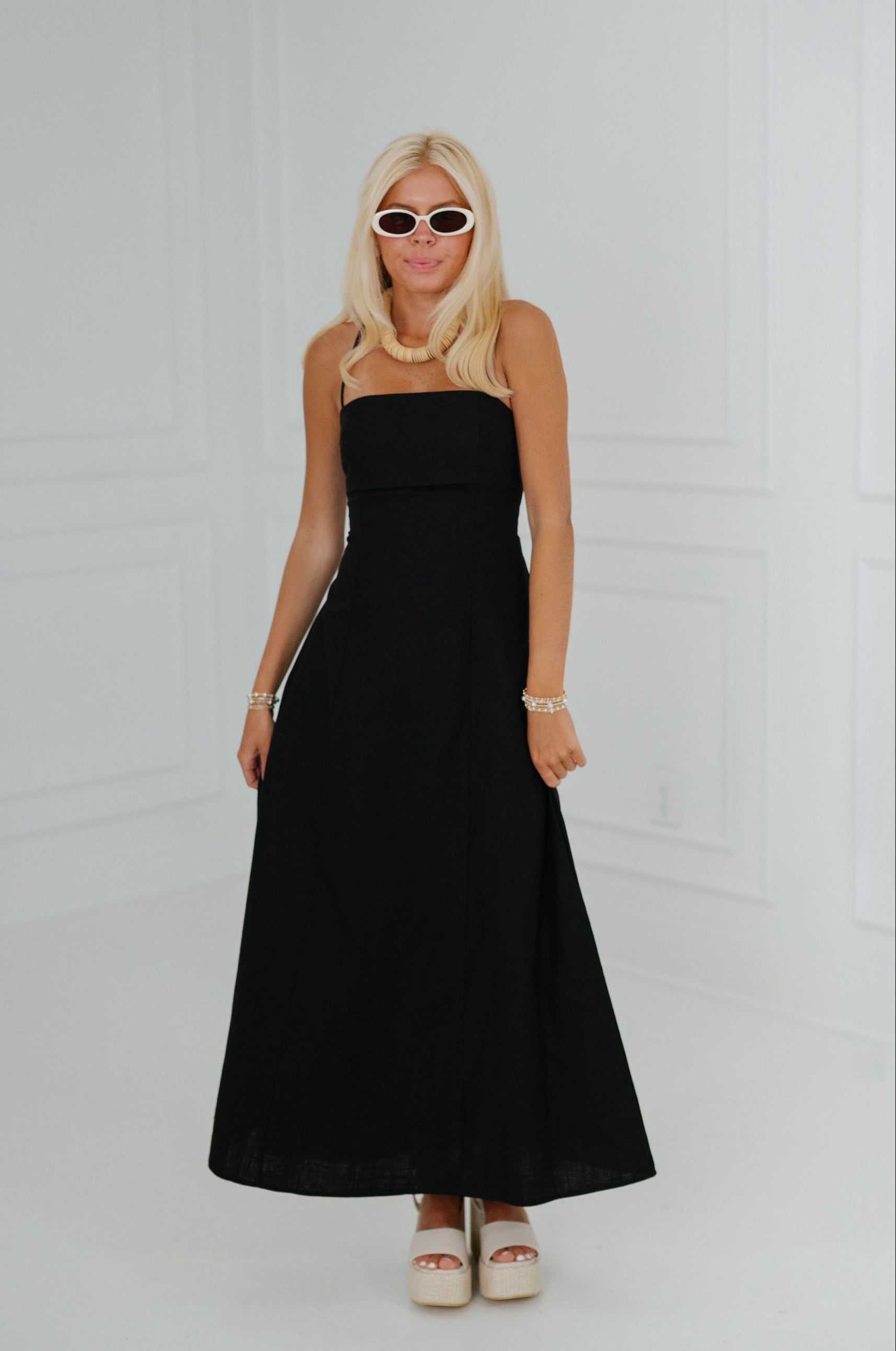 Macie Linen Midi Dress-Black