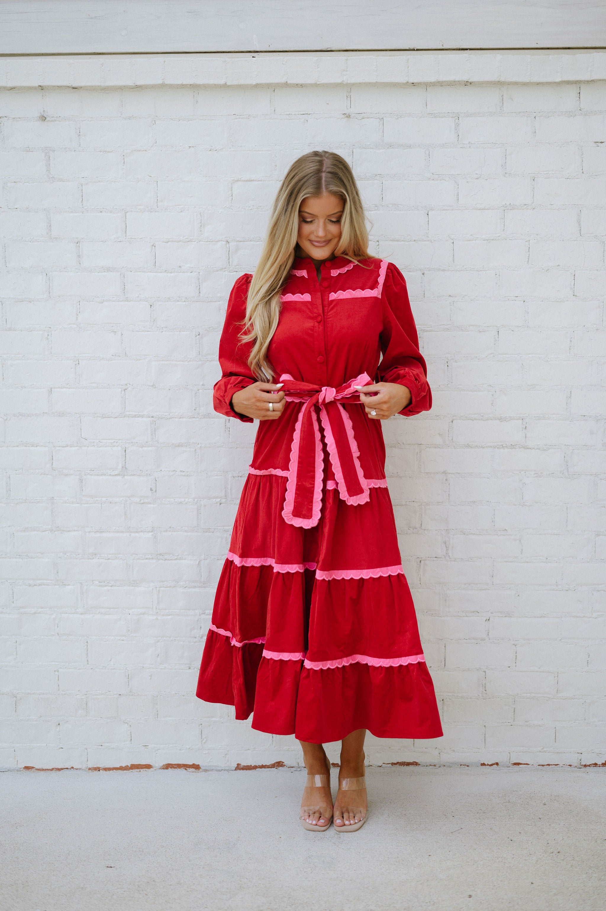 Tiered Scalloped Long Sleeve Midi Dress-Red