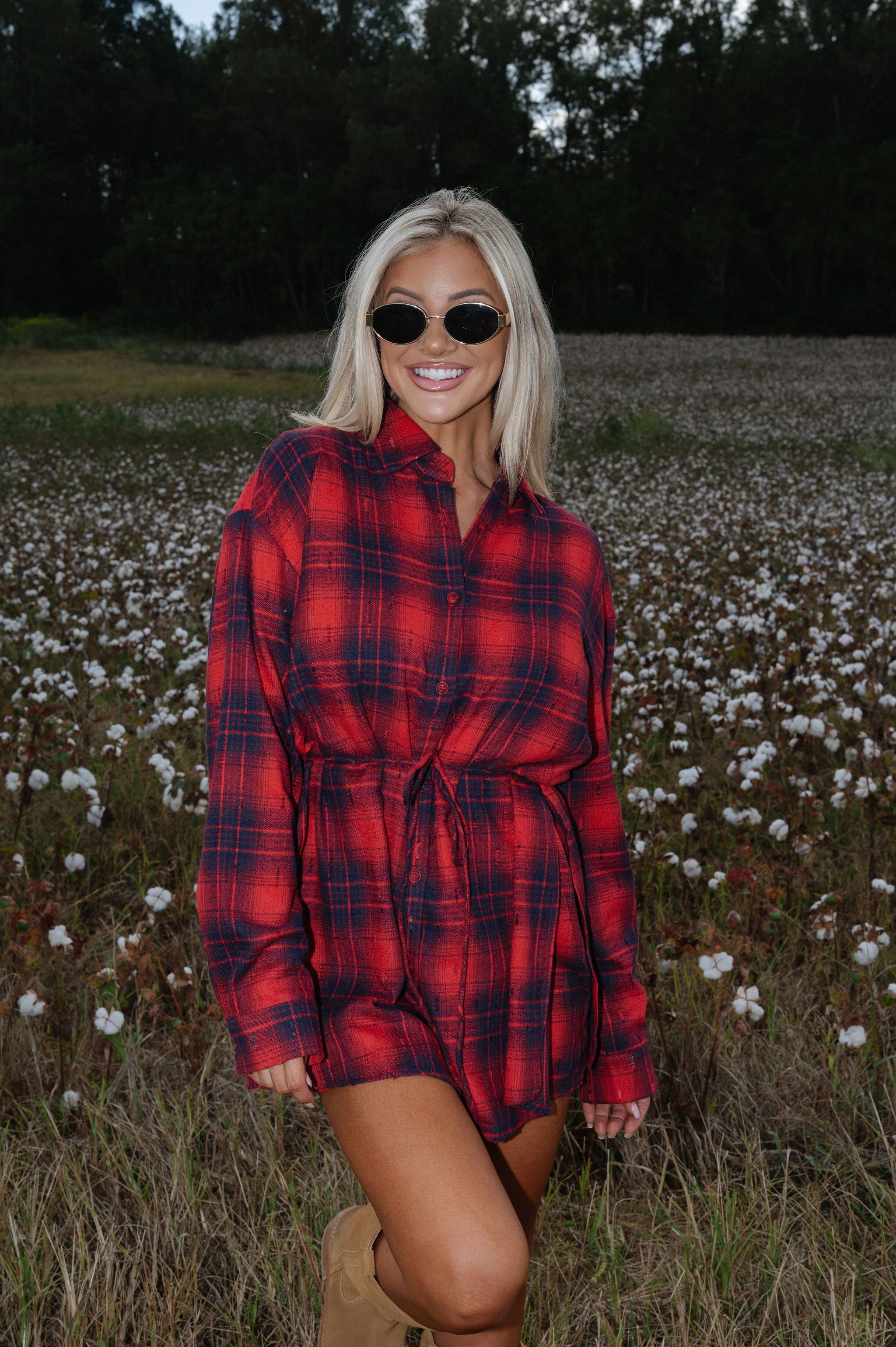 Distressed Plaid Flannel Belted Shirt Romper-Cherry