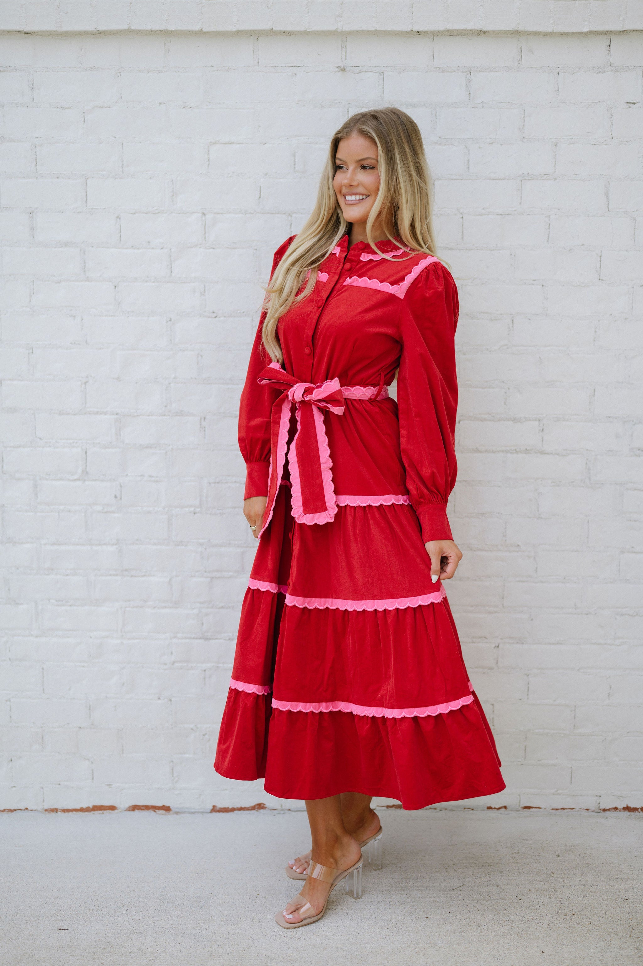 Tiered Scalloped Long Sleeve Midi Dress-Red