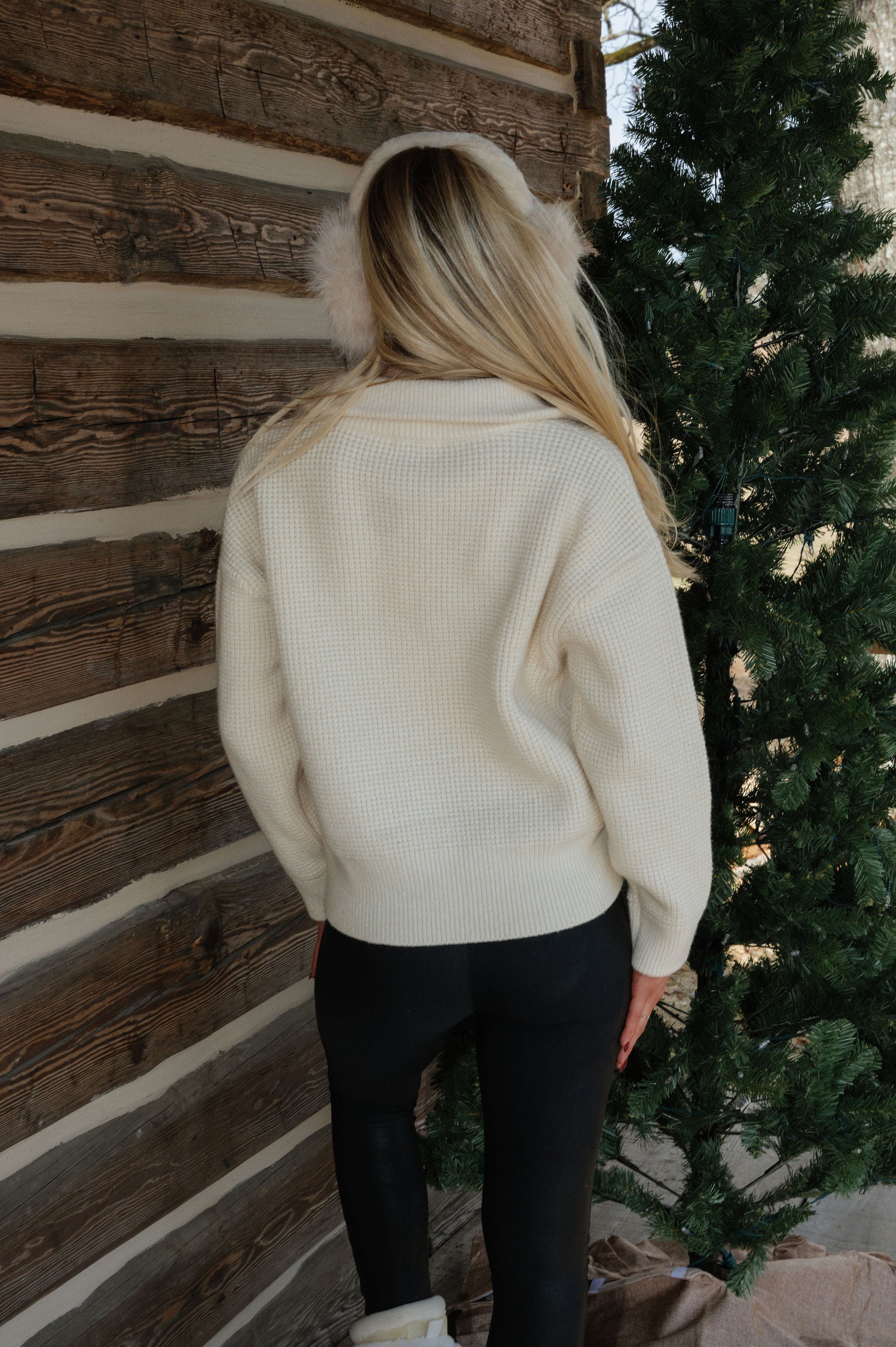 Two Way Waffle Knit Zip Up-Cream