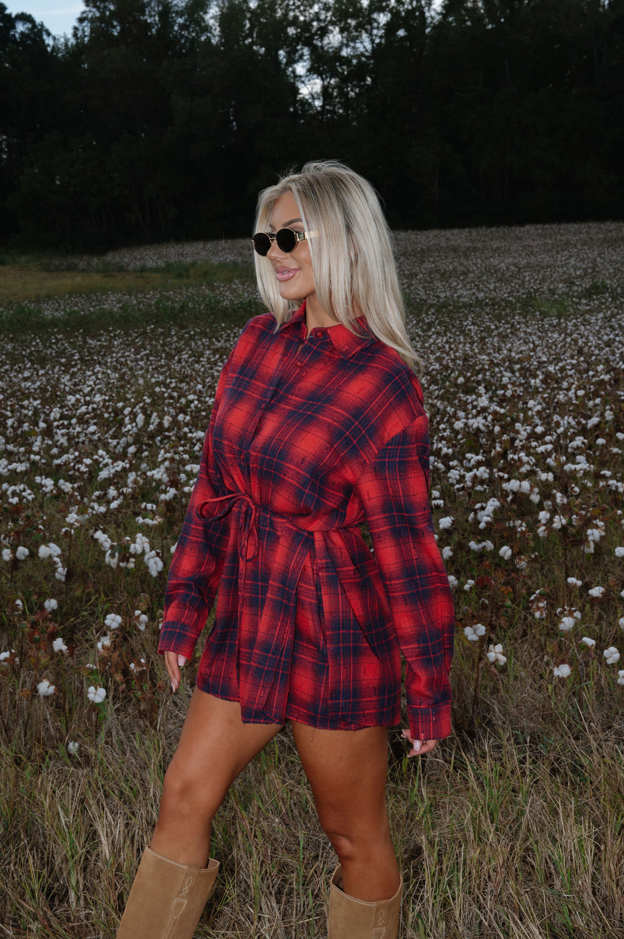 Distressed Plaid Flannel Belted Shirt Romper-Cherry