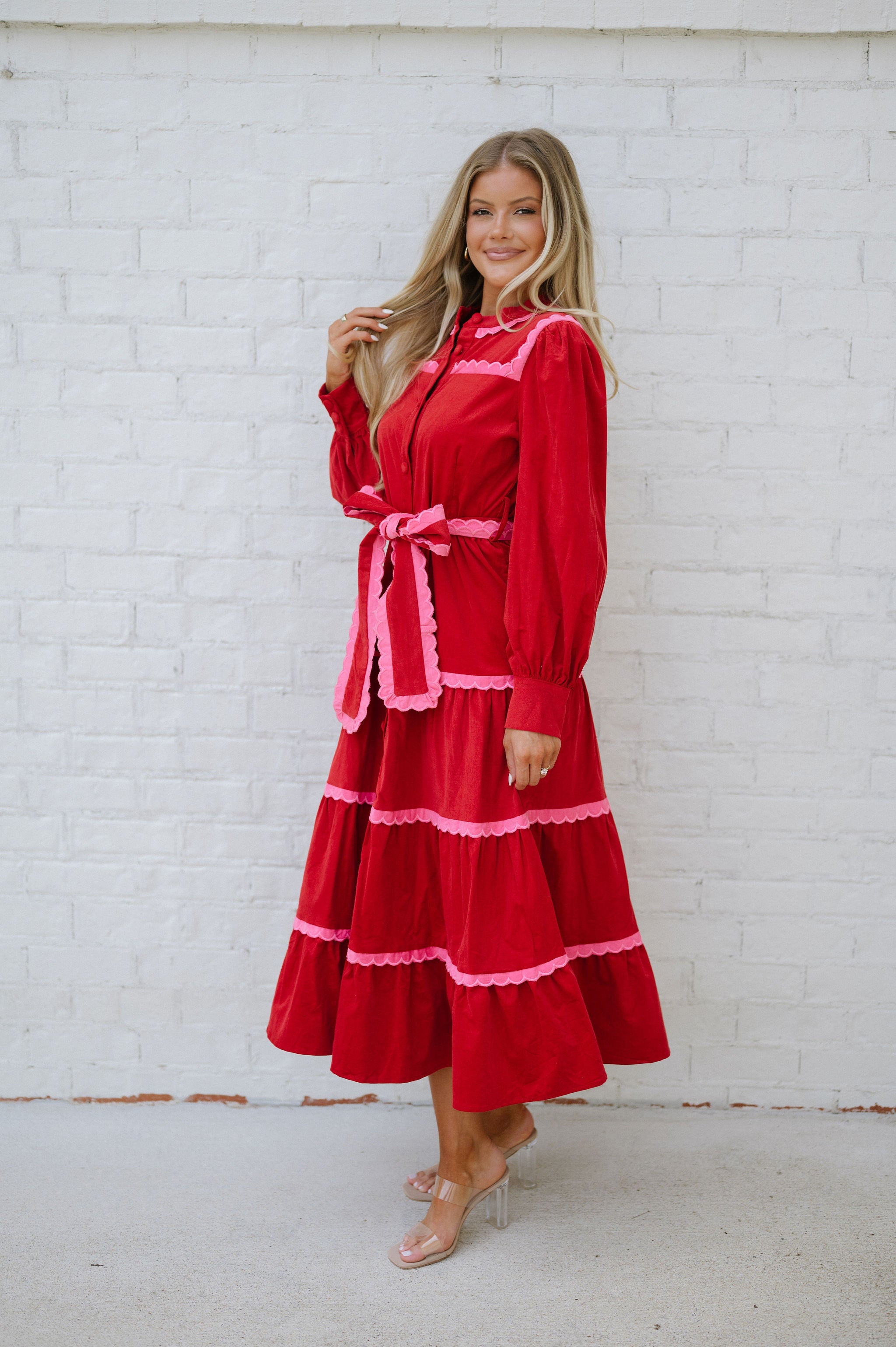 Tiered Scalloped Long Sleeve Midi Dress-Red