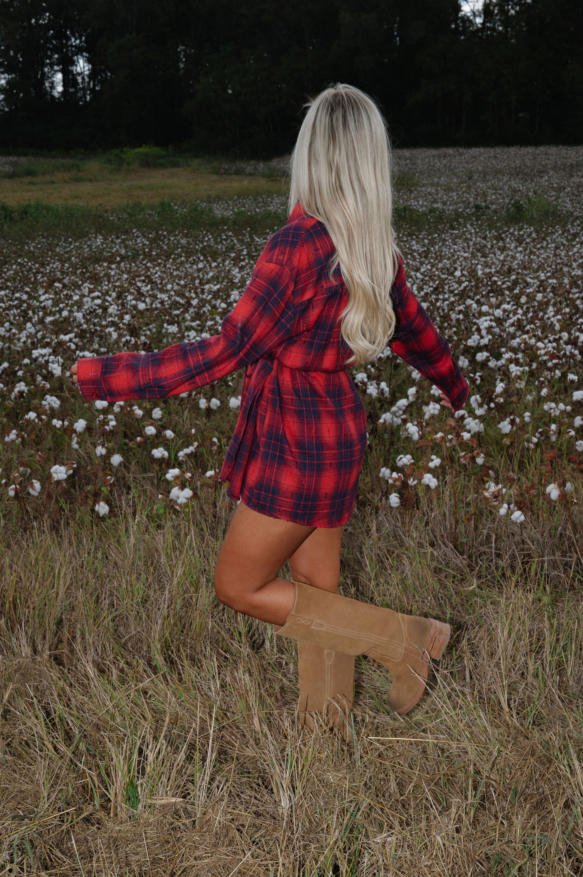 Distressed Plaid Flannel Belted Shirt Romper-Cherry