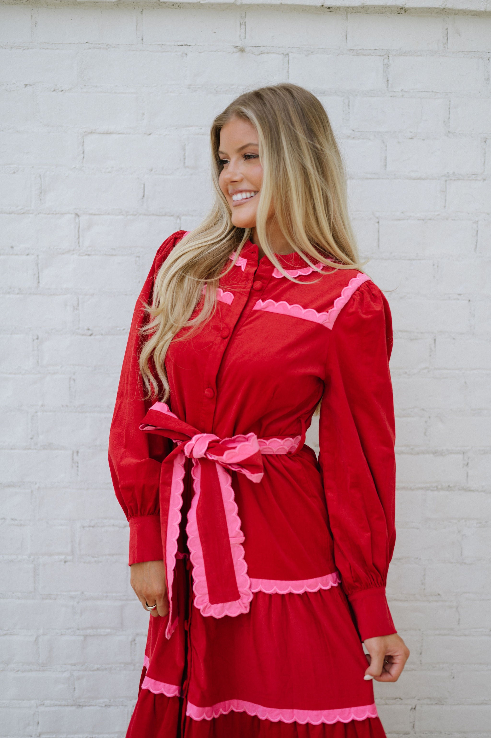 Tiered Scalloped Long Sleeve Midi Dress-Red