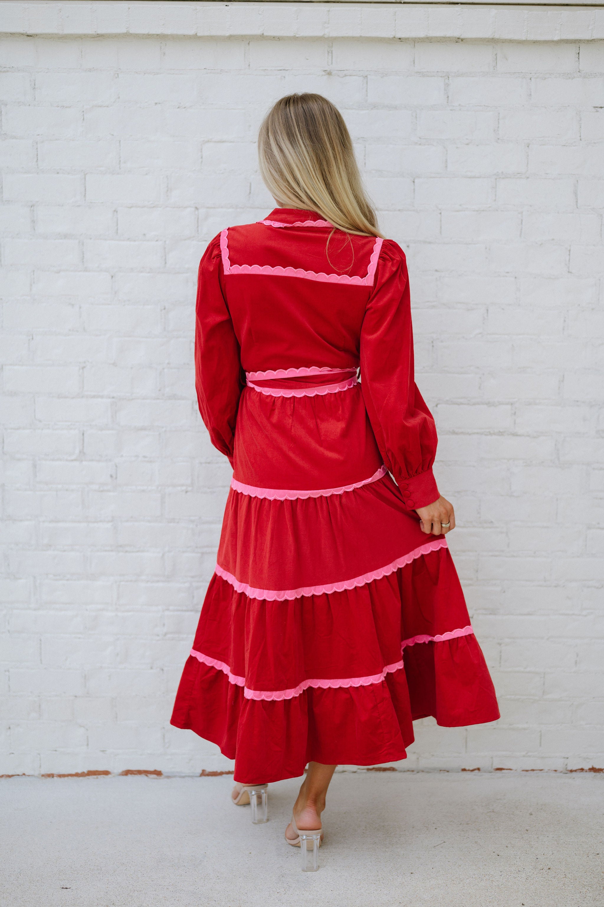 Tiered Scalloped Long Sleeve Midi Dress-Red