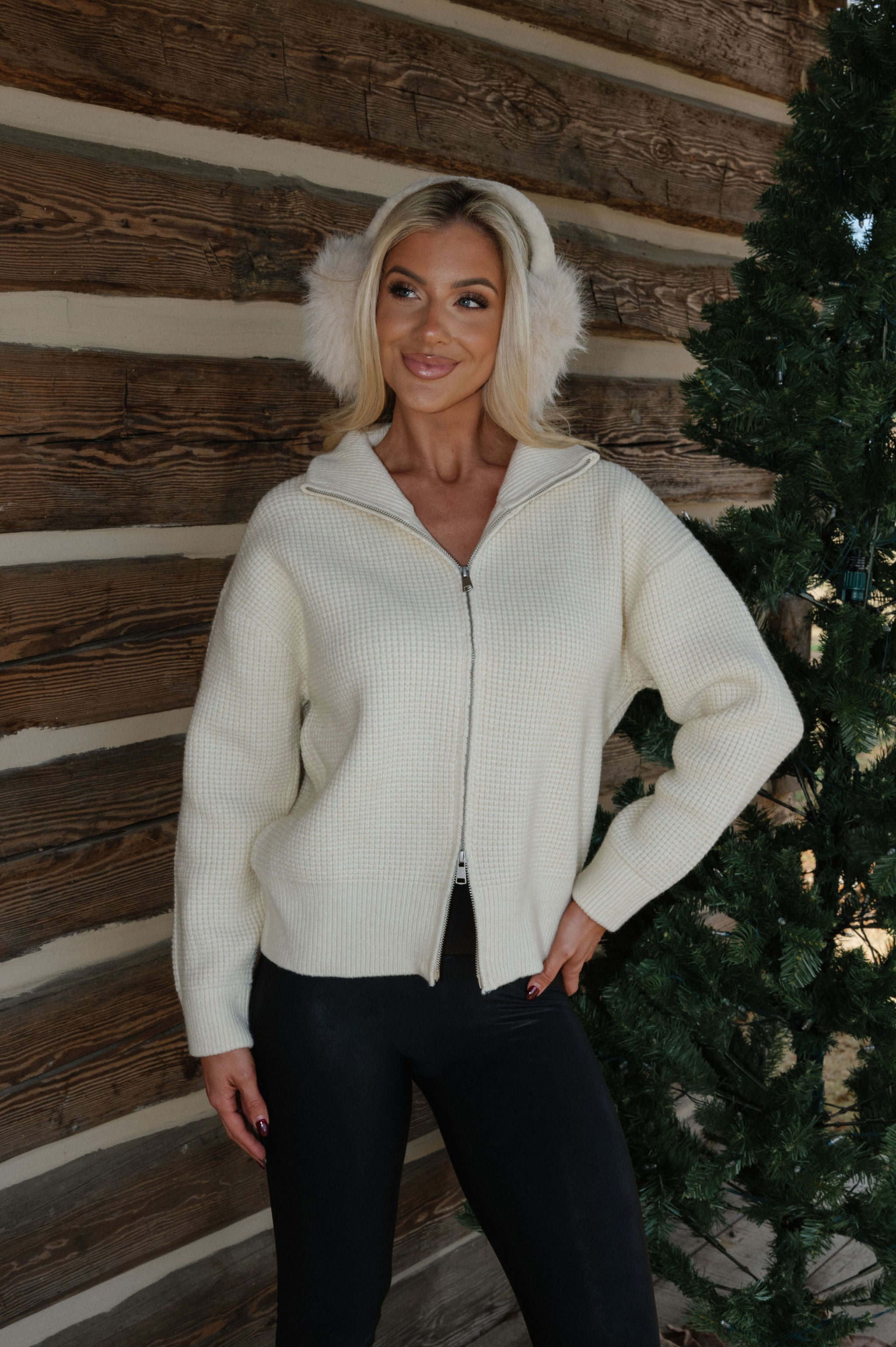 Two Way Waffle Knit Zip Up-Cream