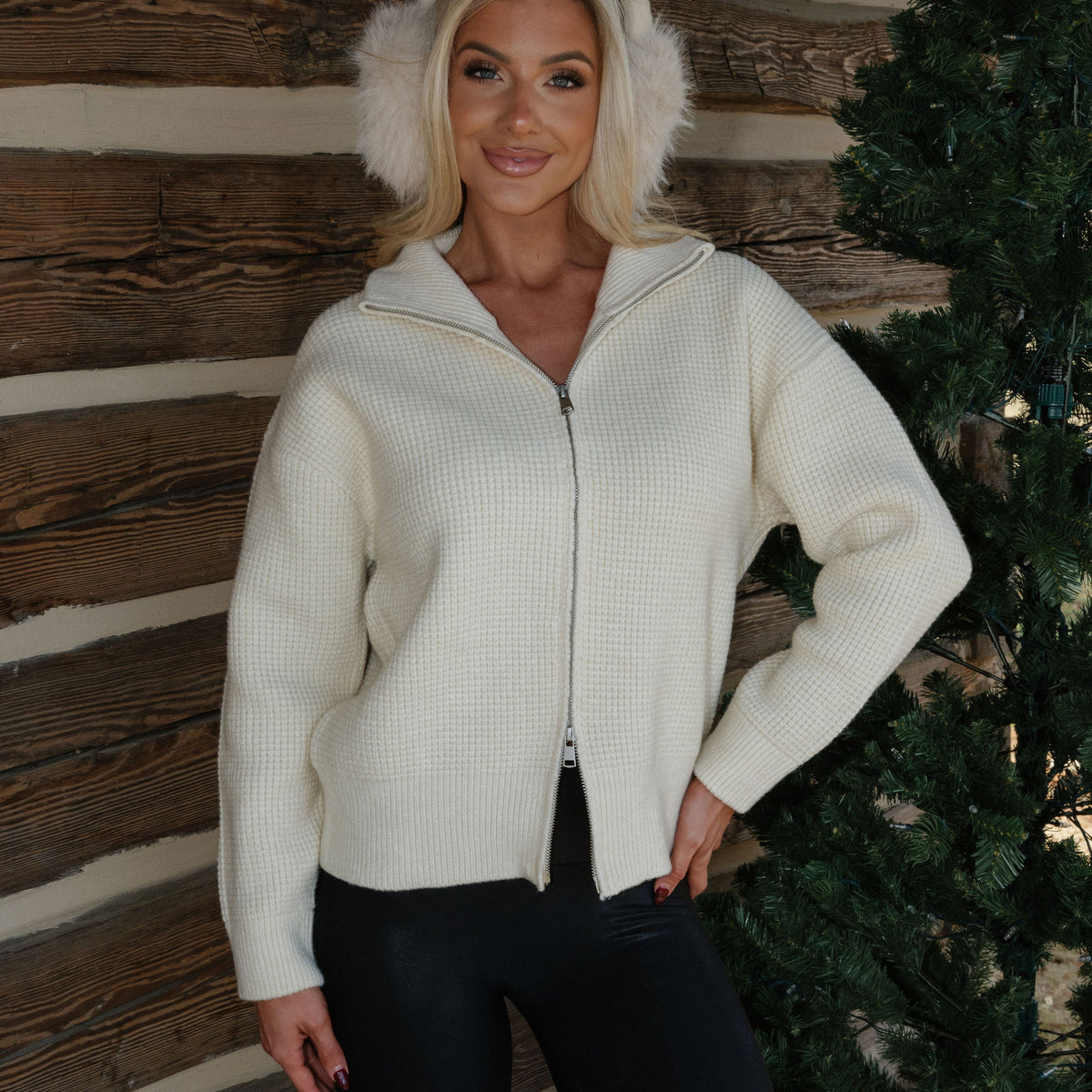 Two Way Waffle Knit Zip Up-Cream