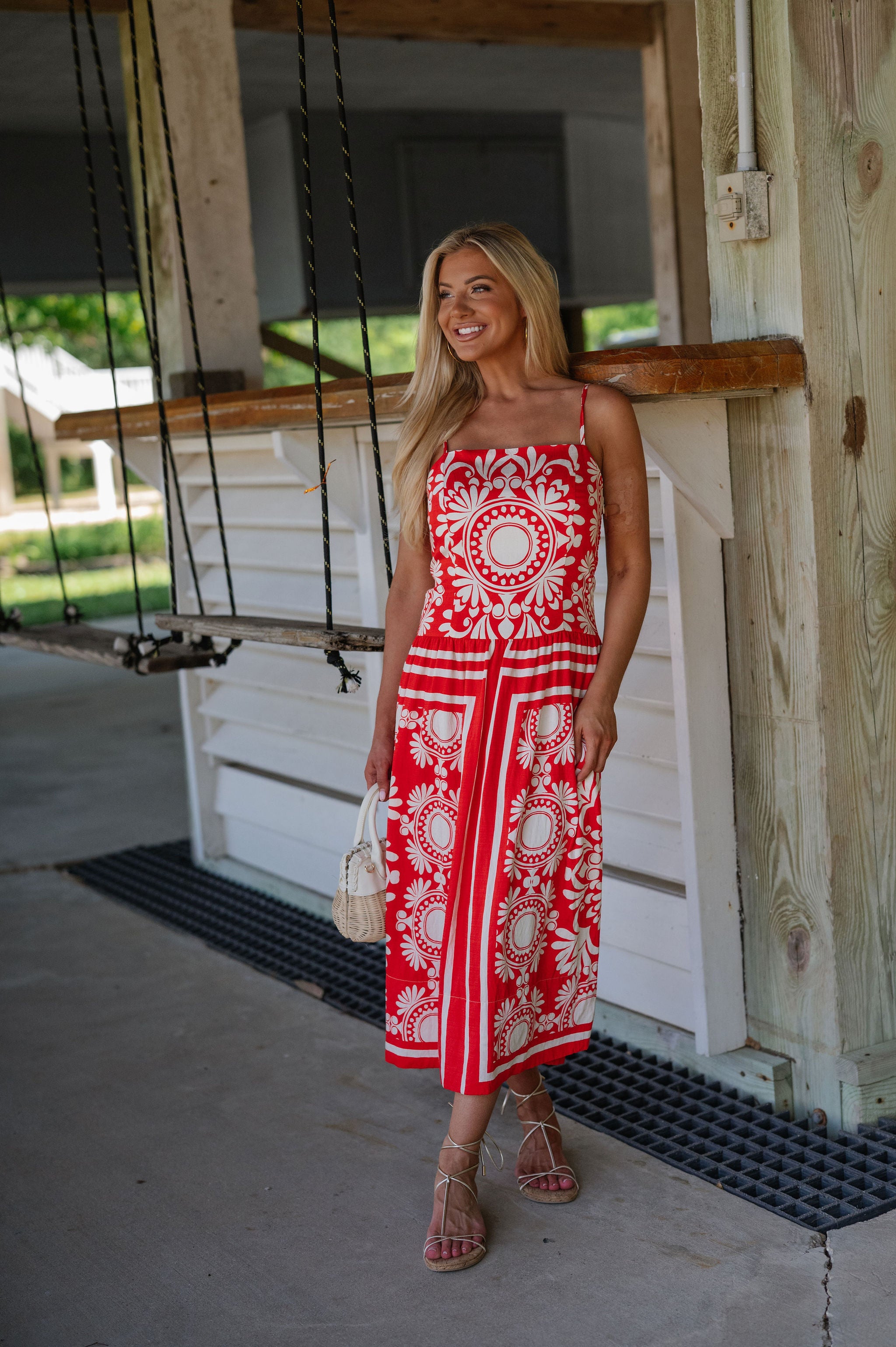 Josephine Midi Dress-Red/Ivory