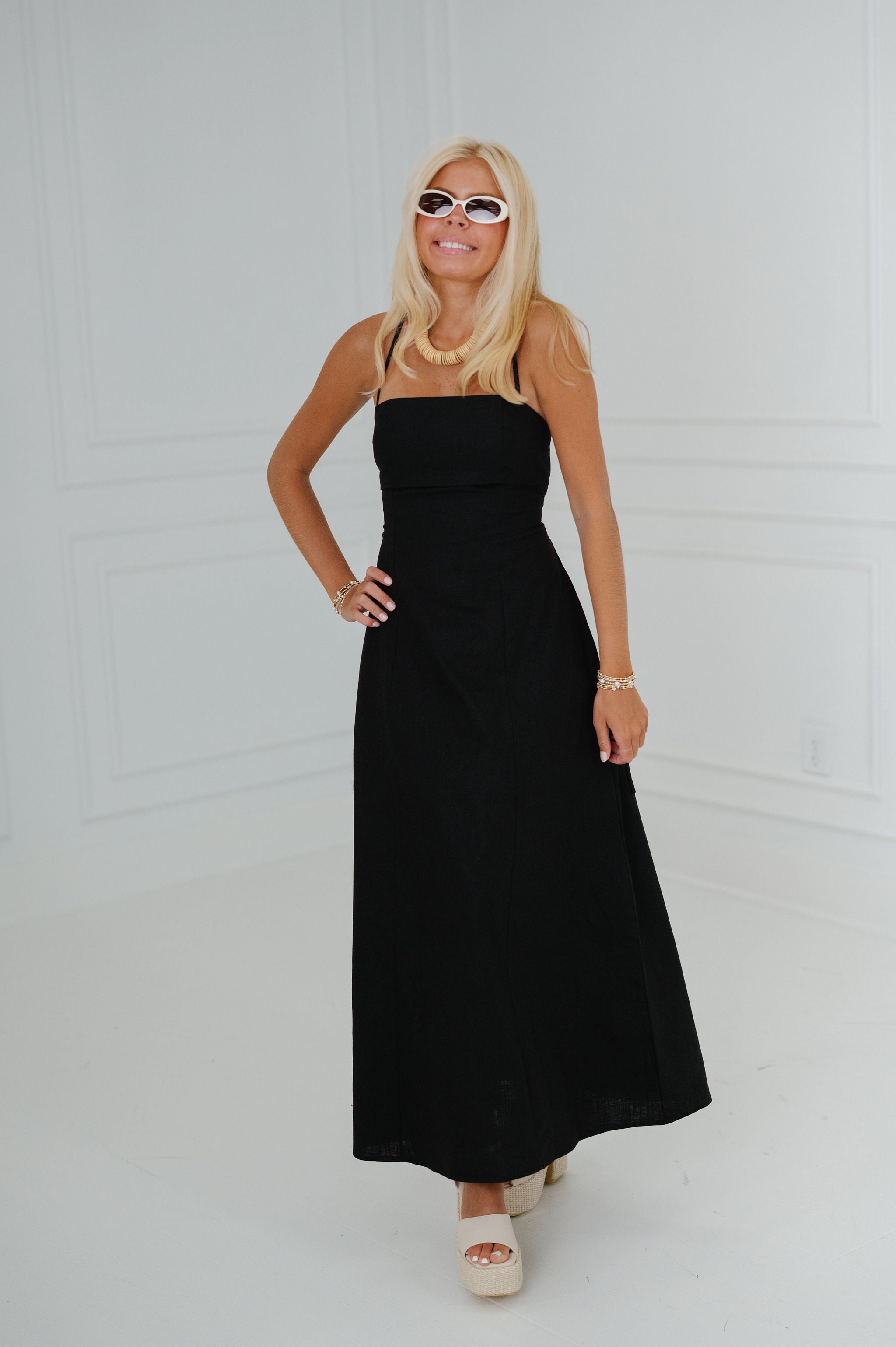 Macie Linen Midi Dress-Black