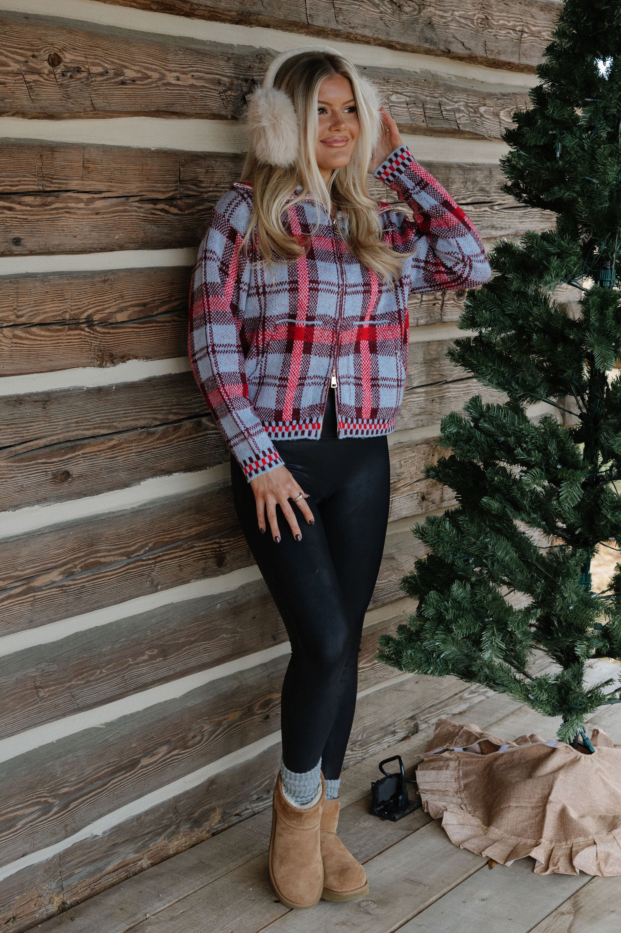 Plaid Knit Zip Sweater-Blue Multi